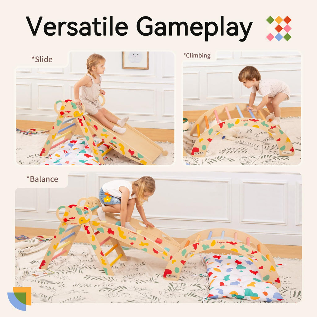 WINGYZ Pikler Triangle Set, Montessori Foldable 8-in-1 Jungle Gym & Reversible Animal Slide, Patent-Protected Climbing Set, Safe 2.35" Gap ASTM F963 Standards for Toddlers 18 Months-5 Years (Rainbow)