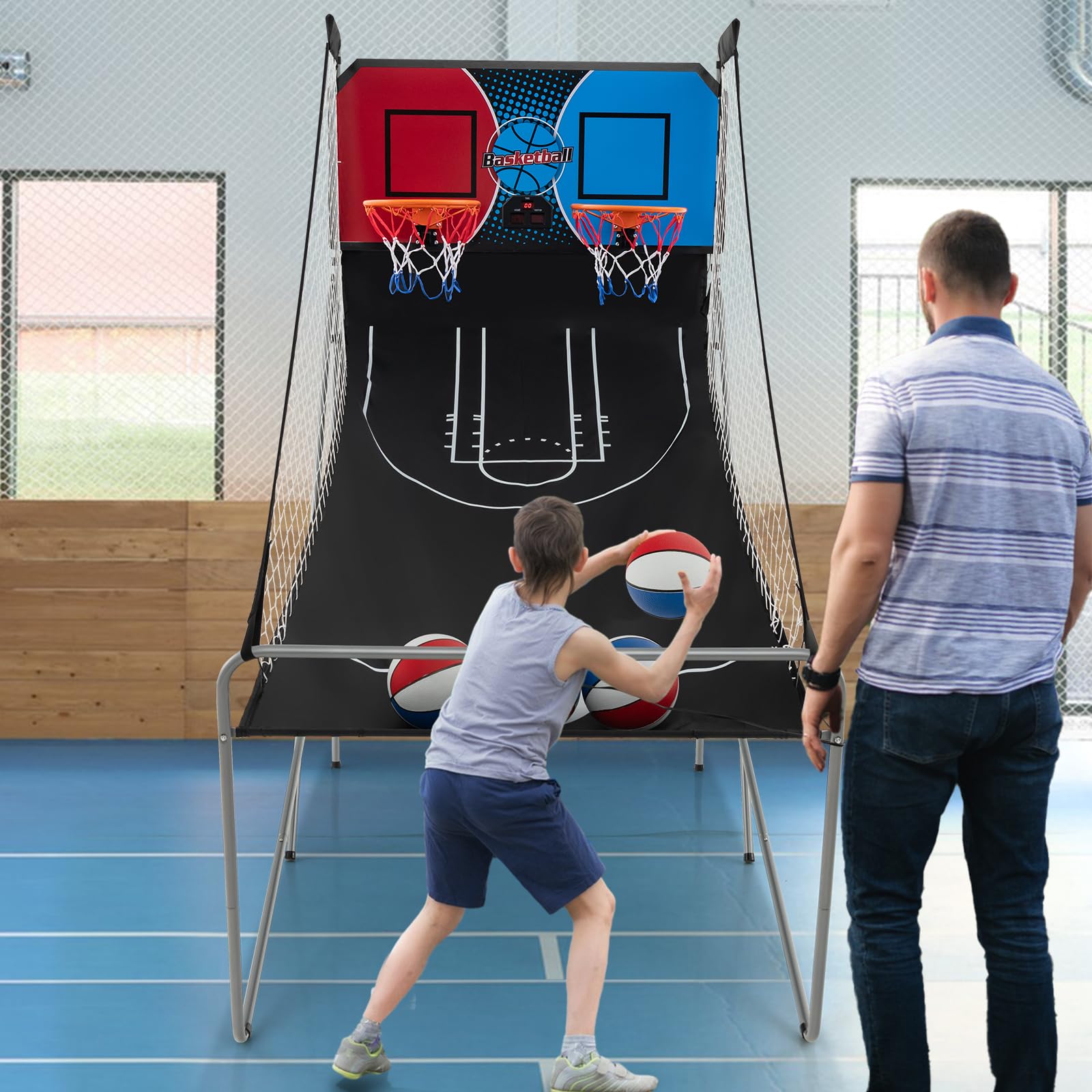 Giantex Foldable Basketball Arcade Game, 8 Game Options, Electronic Double Shot 2 Player w/ 4 Balls and LED Scoring System, Indoor Basketball Game for Kids, Adults