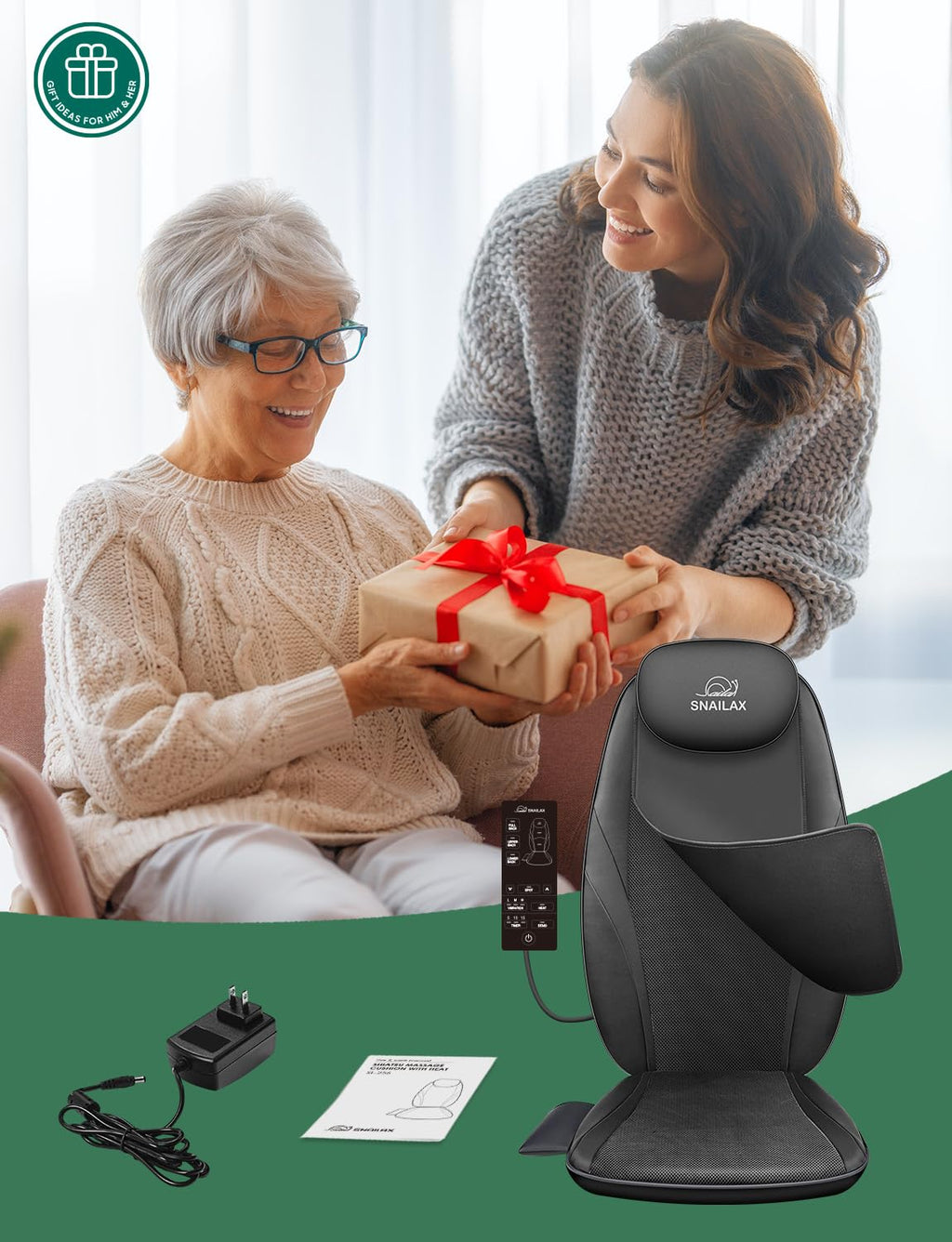 Snailax 2026 Upgraded Shiatsu Roller Back Massager with Heat Massage Chair Pad Kneading Back Massager for Pain Relief Deep Tissue Chair Massage Pad for Office Home Gift Fathers