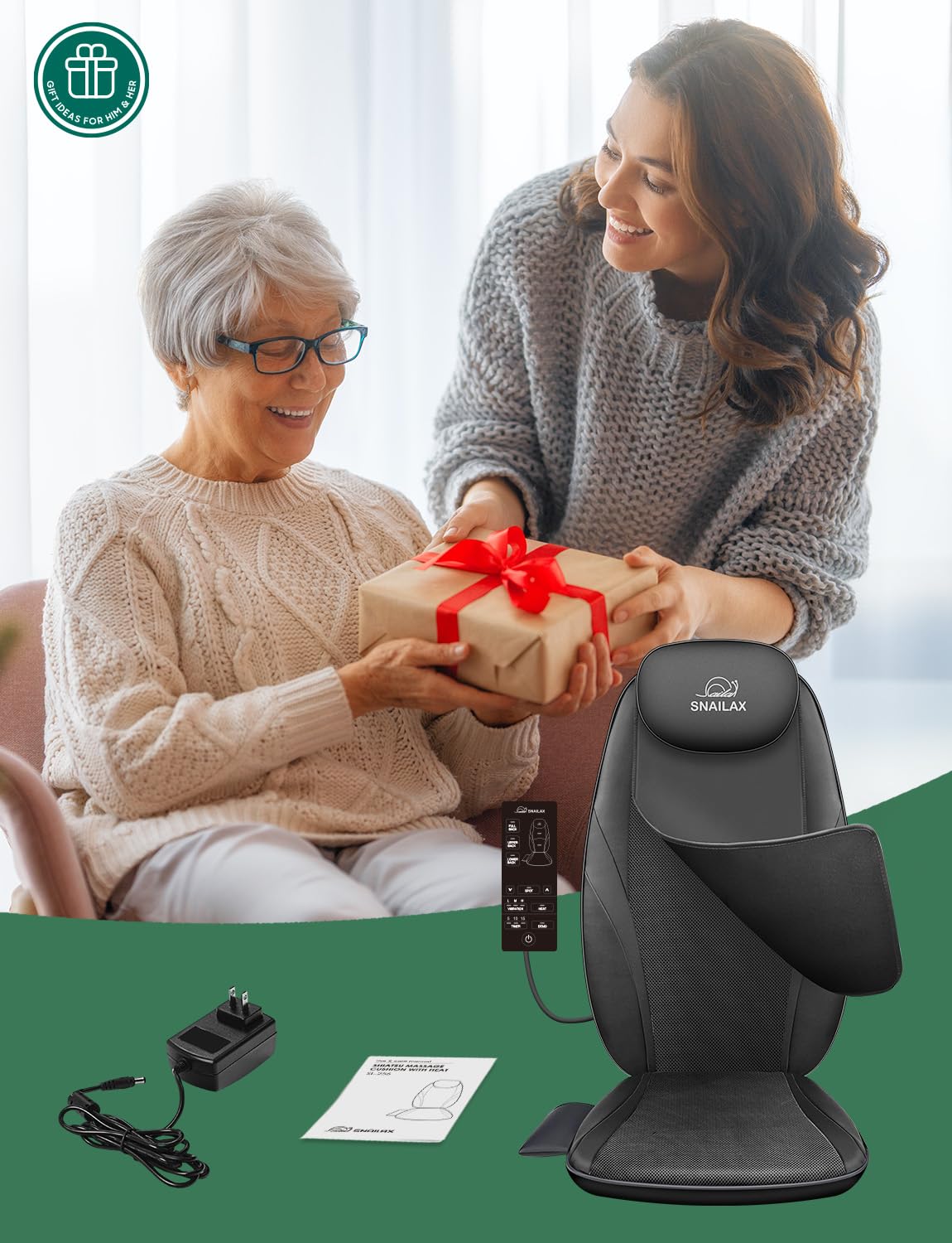 Snailax 2026 Upgraded Shiatsu Roller Back Massager with Heat Massage Chair Pad Kneading Back Massager for Pain Relief Deep Tissue Chair Massage Pad for Office Home Gift Fathers