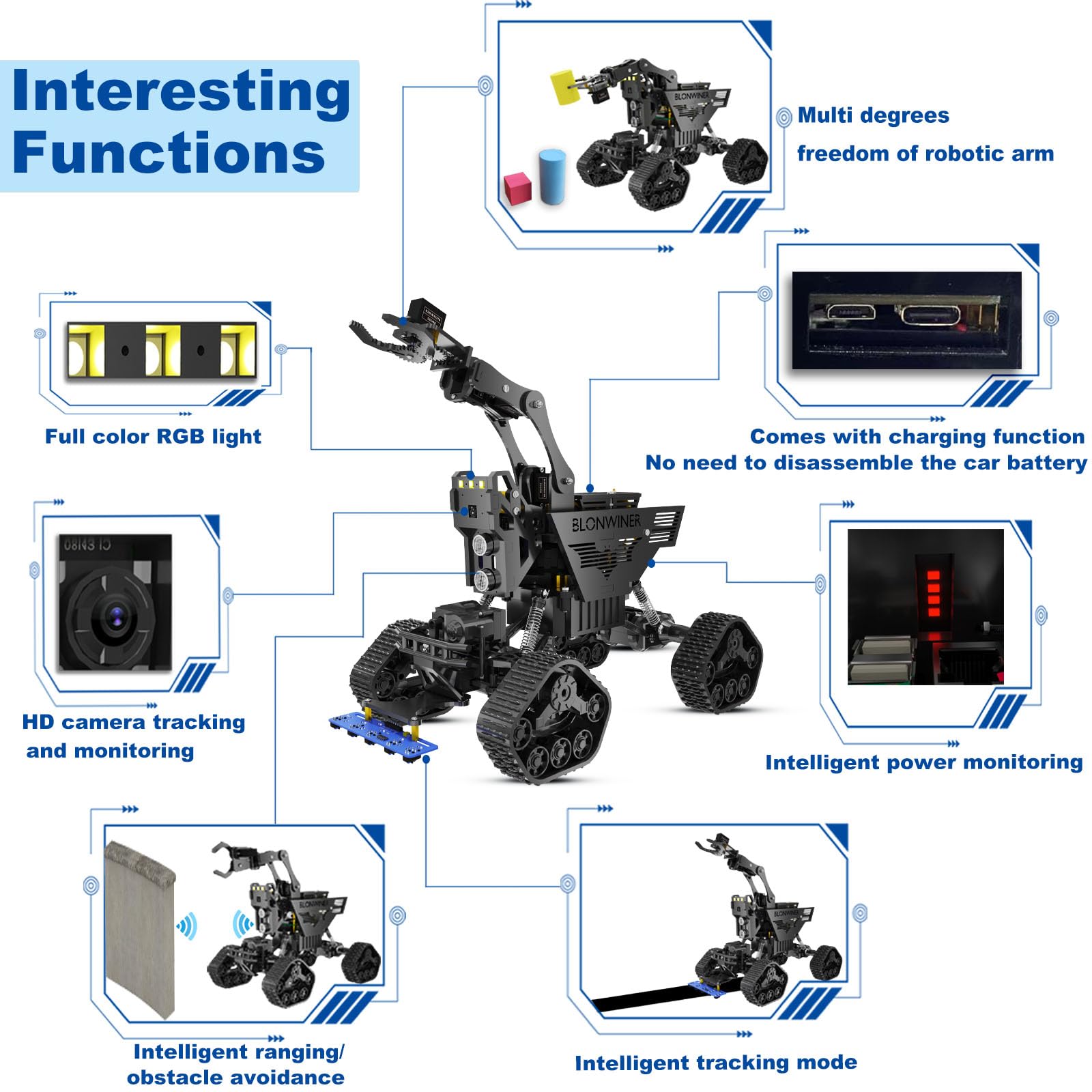 Robot Car Kit, 2 in 1 Smart Robotics Arm Building Toy for Raspberry Pi Python Coding, STEM Programming Tank Kits with Camera (Without RPi Board)
