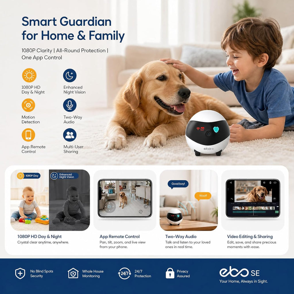 Enabot EBO SE FamilyBot Pet Camera Robot - 1080P HD Indoor Movable Home Security Camera with Auto-Recharge, Night Vision, 2-Way Talk, Local Storage, APP Control,Motion Detection for Dog/Cat Monitoring
