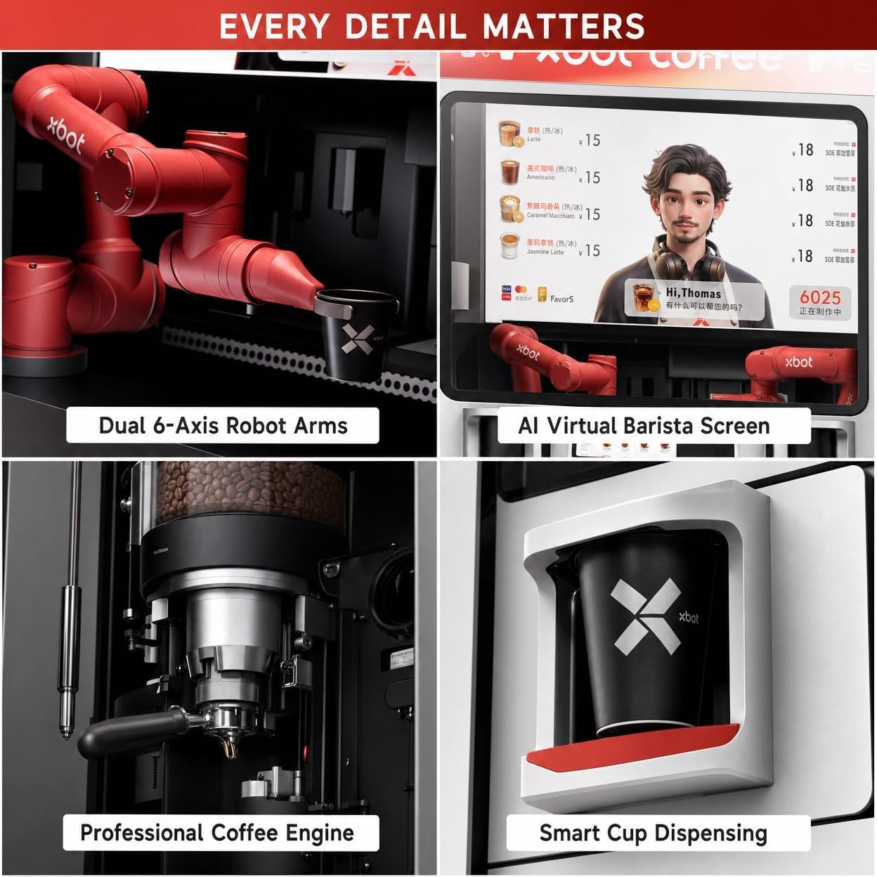 Xbot Coffee Automated Robot Barista Machine with AI Robotic Arms and Intelligent Ordering System, Automatic vending machince, Hot & Cold Brewer for Espresso, Latte, Cappuccino, Americano