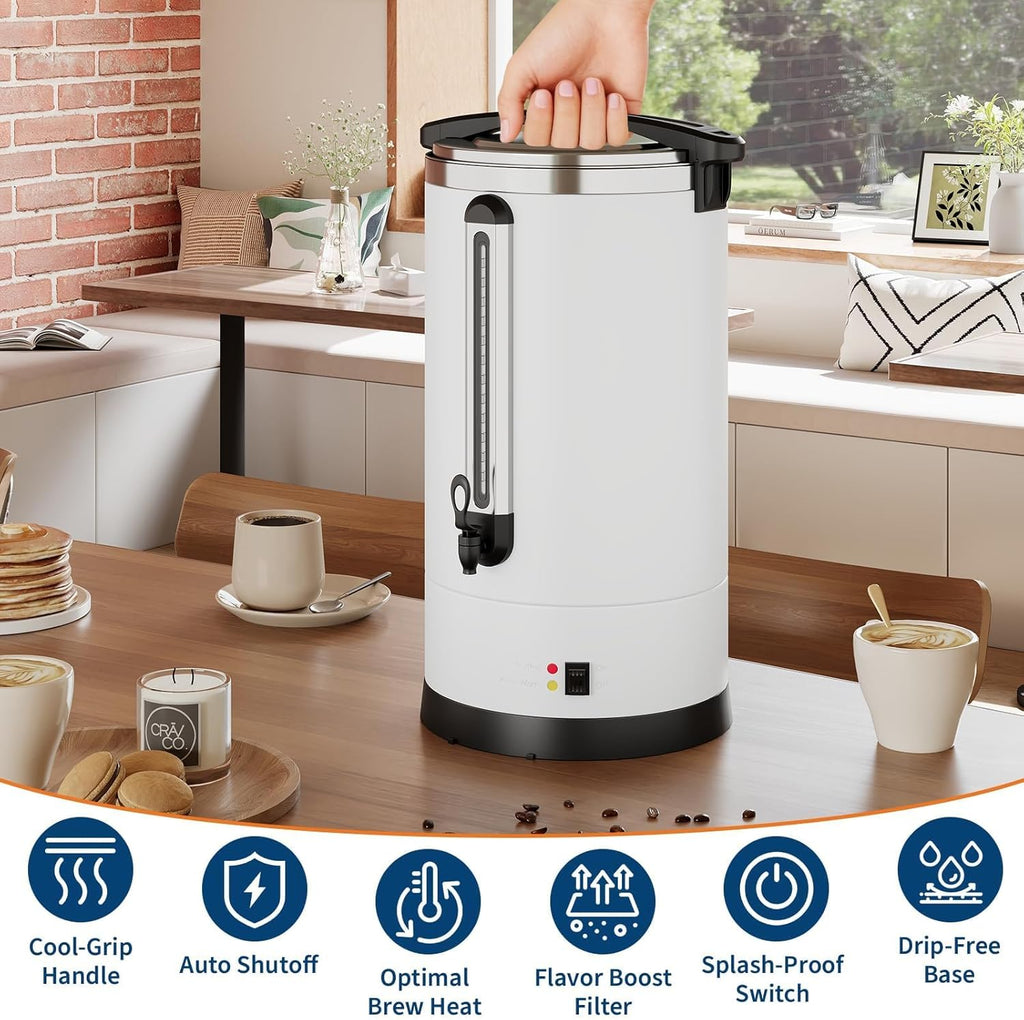 120 Cup Commercial Coffee Urn and Hot Beverage Dispenser, Stainless Steel Large Coffee Maker, Double Wall Hot Water Urn With Cool-Touch Handle, Dripless Faucet, Quick Brew for Events & Catering