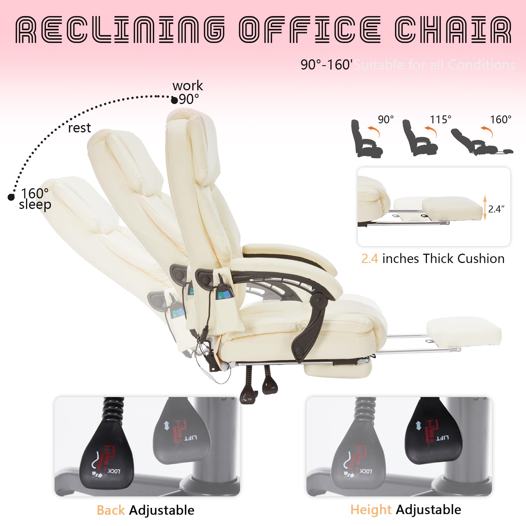Massage Office Chair with Foot Rest 6 Points Vibration and Heat Home Office Desk Chairs for Heavy People 400lbs Reclining Managerial Chairs Ergonomic Executive Chair (Black)