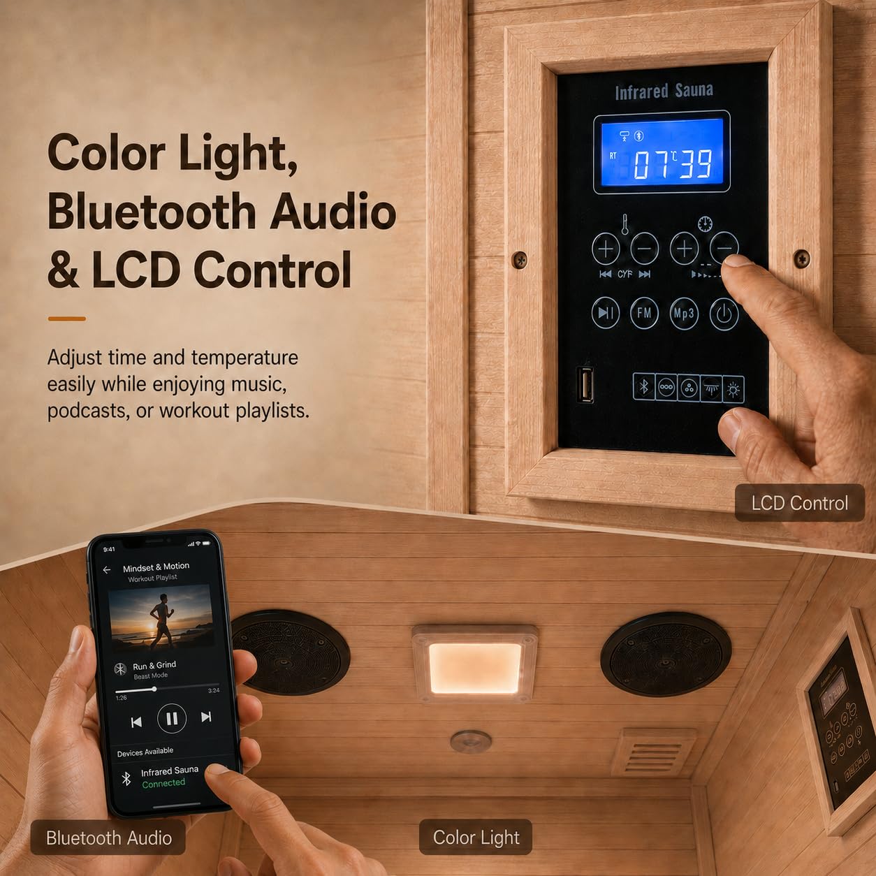 1350W Far Infrared Home Sauna, Energy-Efficient Fast-Heating Indoor Sauna Room with Bluetooth & 7-Color Therapy, Canadian Hemlock Wood, Modular Design - Ideal for Home Gym, Family Relaxation