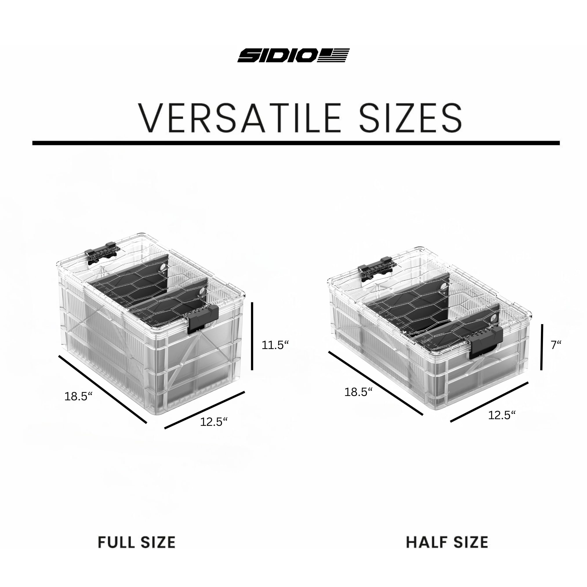 SIDIO CRATE Starter Pack - Two Full Size and One Half Size SidioCrate, Stackable Outdoor Organizer Storage Bins with Clear Lid and Dividers - Tan