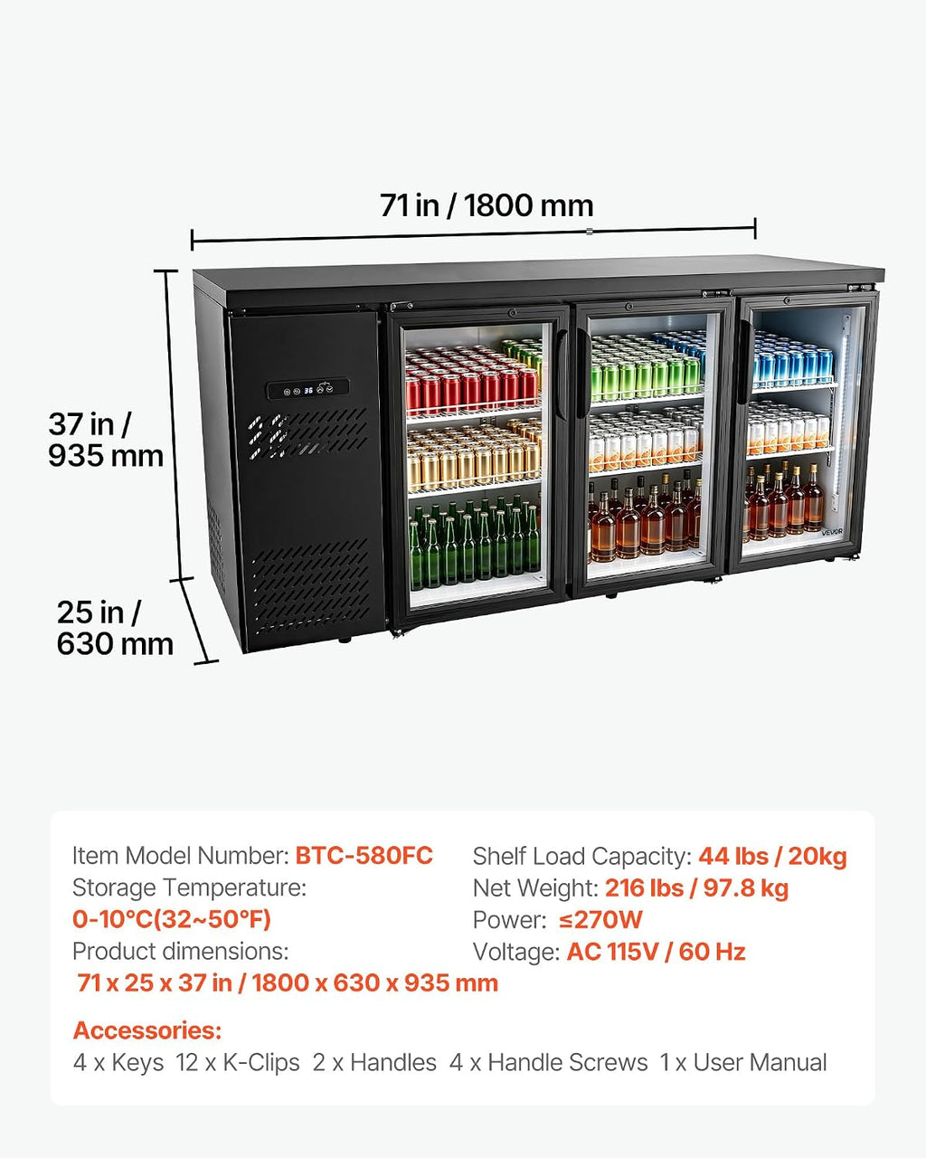 VEVOR Back Bar Cooler, 19.6 Cu. Ft Counter Height Beverage Refrigerator, Commercial Bar Display Fridge w/ 3 Glass Doors, LED Lighting, Fan Cooling Beer Wine Cooler for Pub, Merchandiser, Store