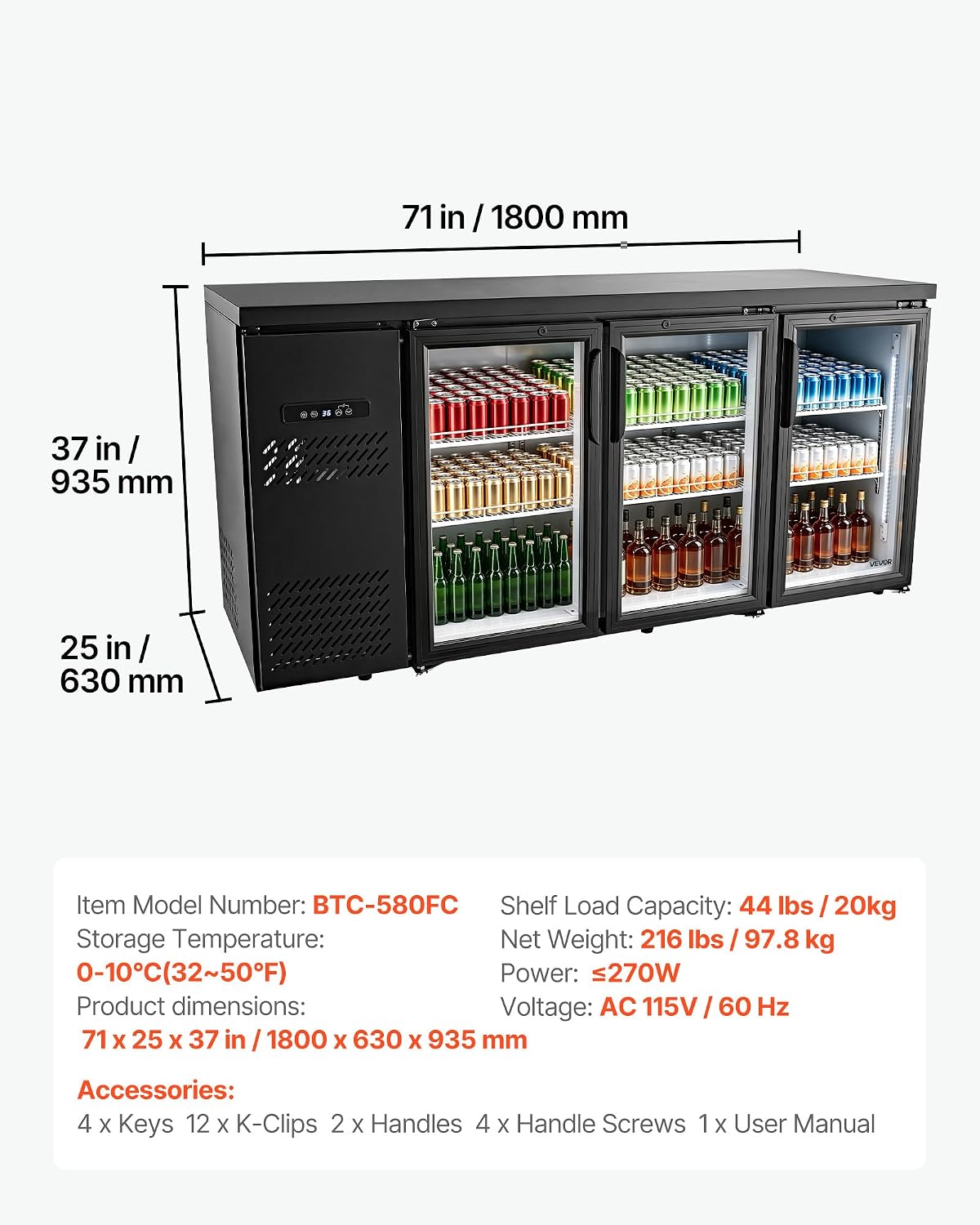 VEVOR Back Bar Cooler, 19.6 Cu. Ft Counter Height Beverage Refrigerator, Commercial Bar Display Fridge w/ 3 Glass Doors, LED Lighting, Fan Cooling Beer Wine Cooler for Pub, Merchandiser, Store