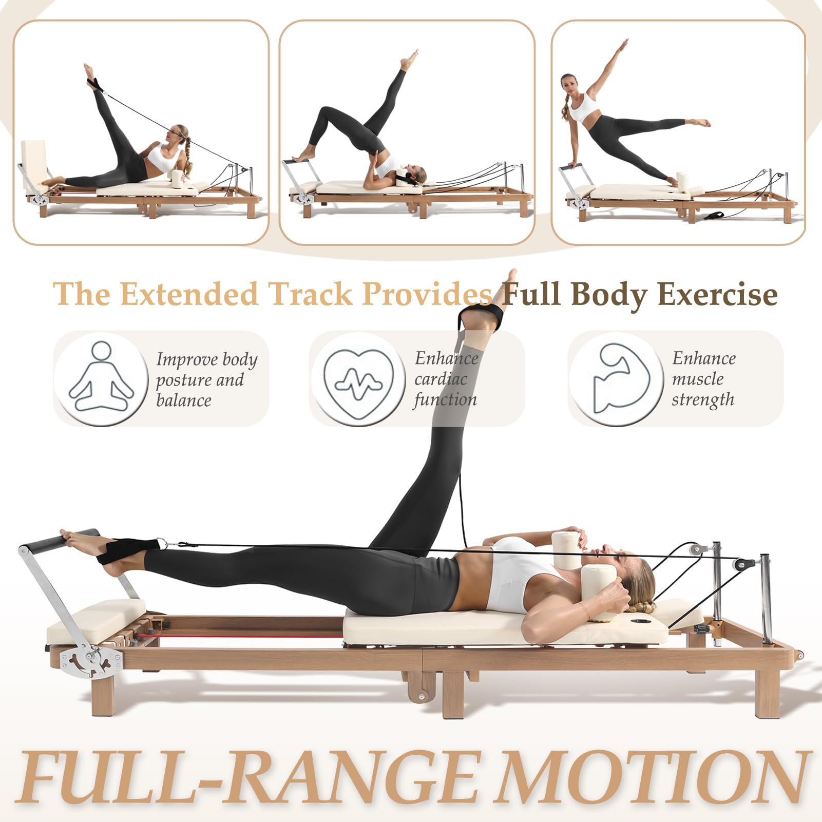 Foldable Pilates Reformer Machine – 88" Long Imitation Wood Frame with Jumpboard & Box Included, Dual Resistance System (Springs + Latex Tubes) for Full Body Workout, Home Gym Equipment for Women Men