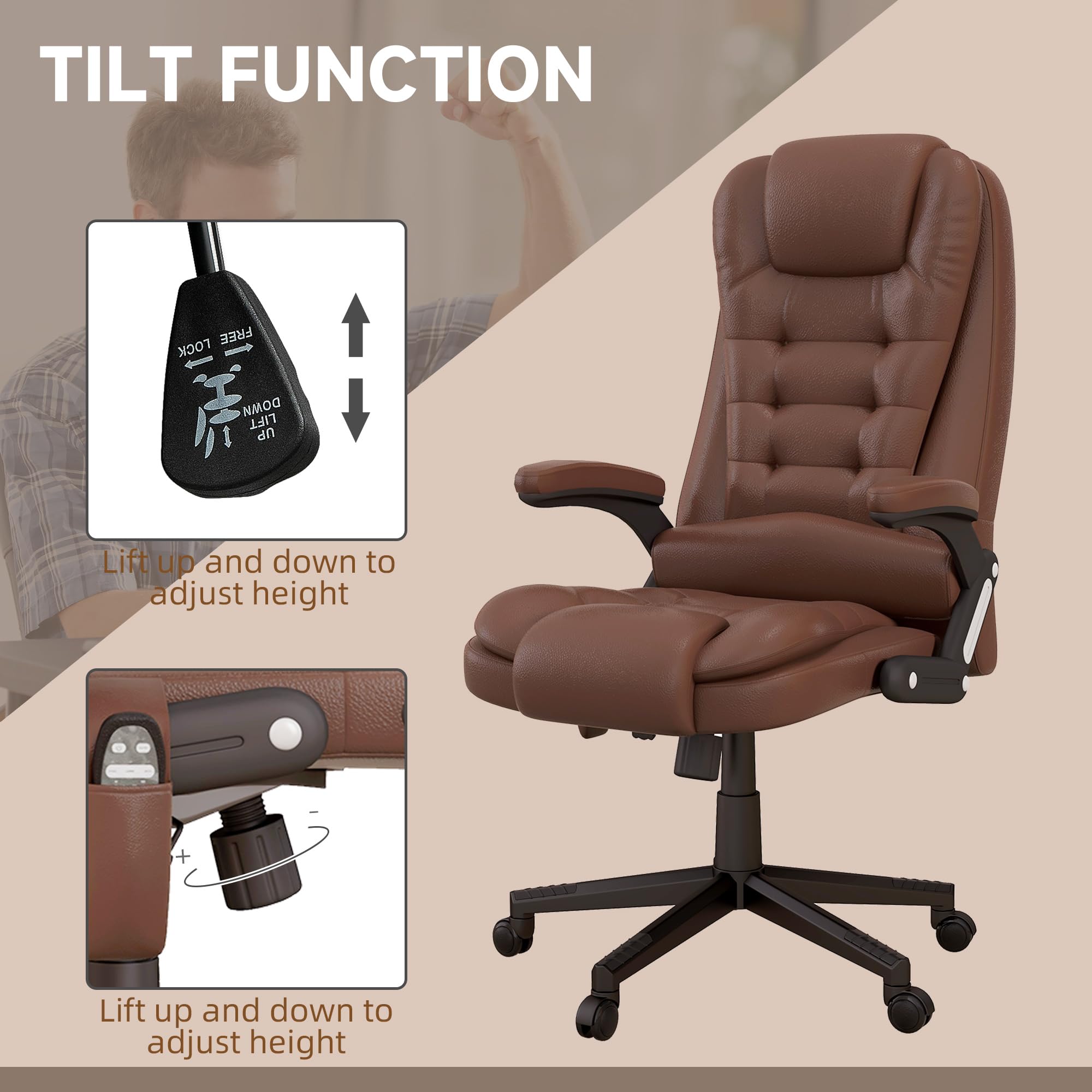 HOMCOM High Back Vibration Massage Office Chair with 6 Vibration Points, Heated Reclining PU Leather Computer Chair with Armrest and Remote, Brown
