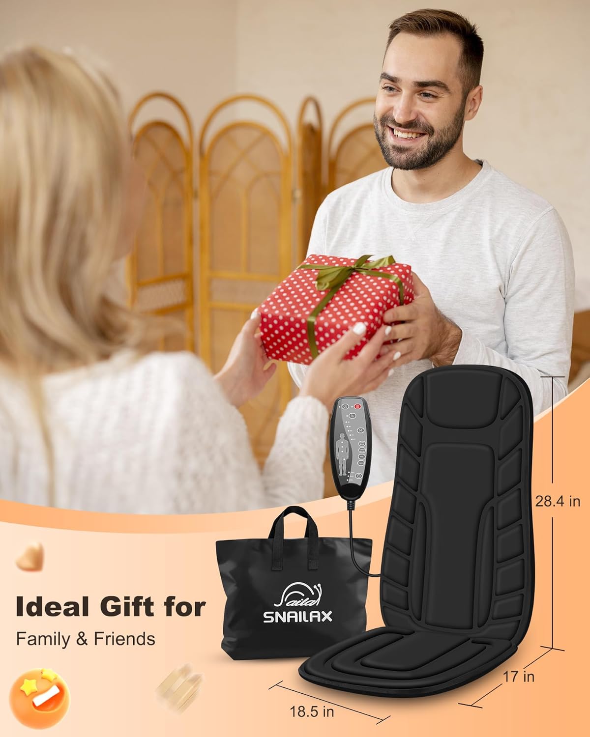 Snailax Back Massager with Heat - Massage Seat Cushion with 10 Motors, Massage Chair Pad for Home Office Use, 5 Modes & 3 Intensity Levels, 2 Heat Settings with 30-60-90 Mins Timer, Gifts for Him Dad