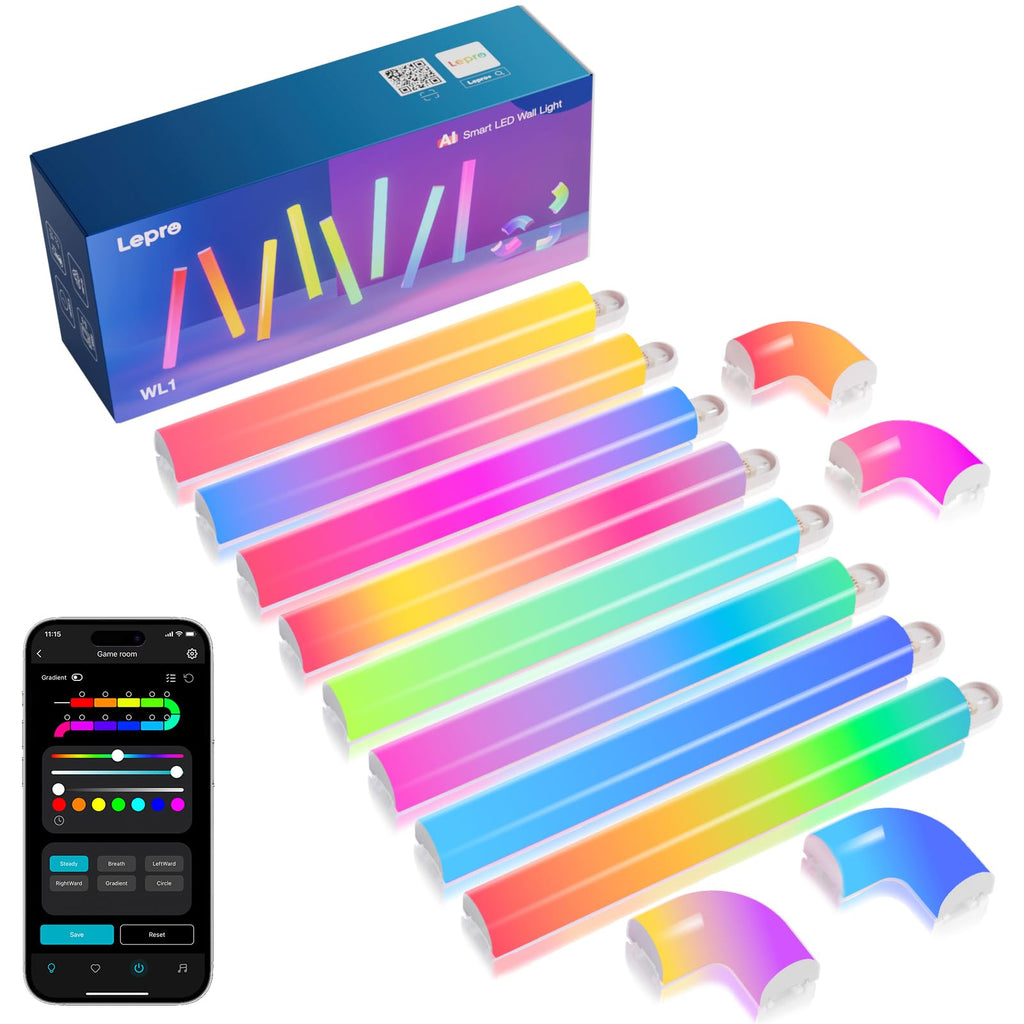 Lepro WL1 AI Smart RGB Wall Lights for Christmas Decorations, LLM AI Generated Lighting with LightBeats Music Sync, Voice Control Via App, Wi-Fi & Bluetooth LED Light Bars, 6 Pcs with 2 Corners