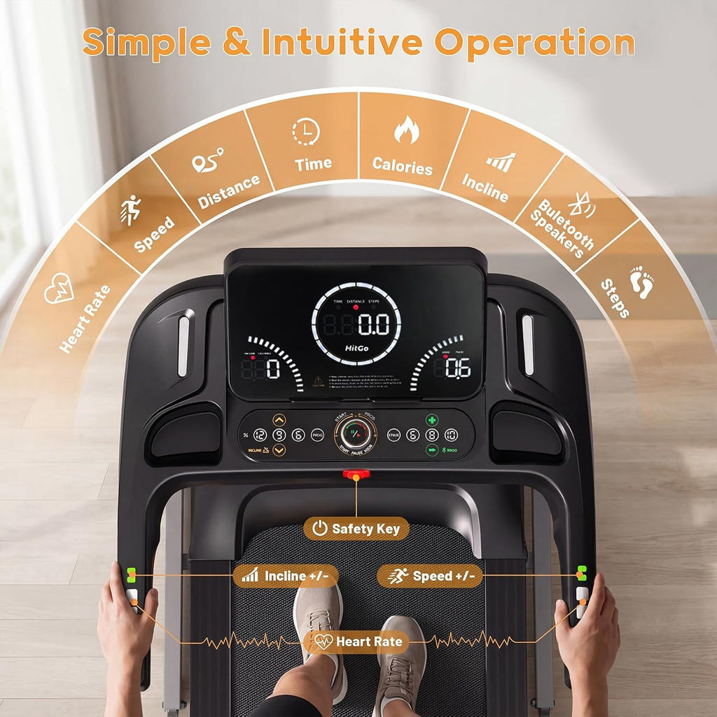 HitGo Treadmill with 15% Auto Incline,10 MPH High Speed Running Machine for Home Gym,Silent Brushless Motor,400lbs Weight Capacity,Air Cushion Shock Absorption,Bluetooth App Kinomap HitGo,Black