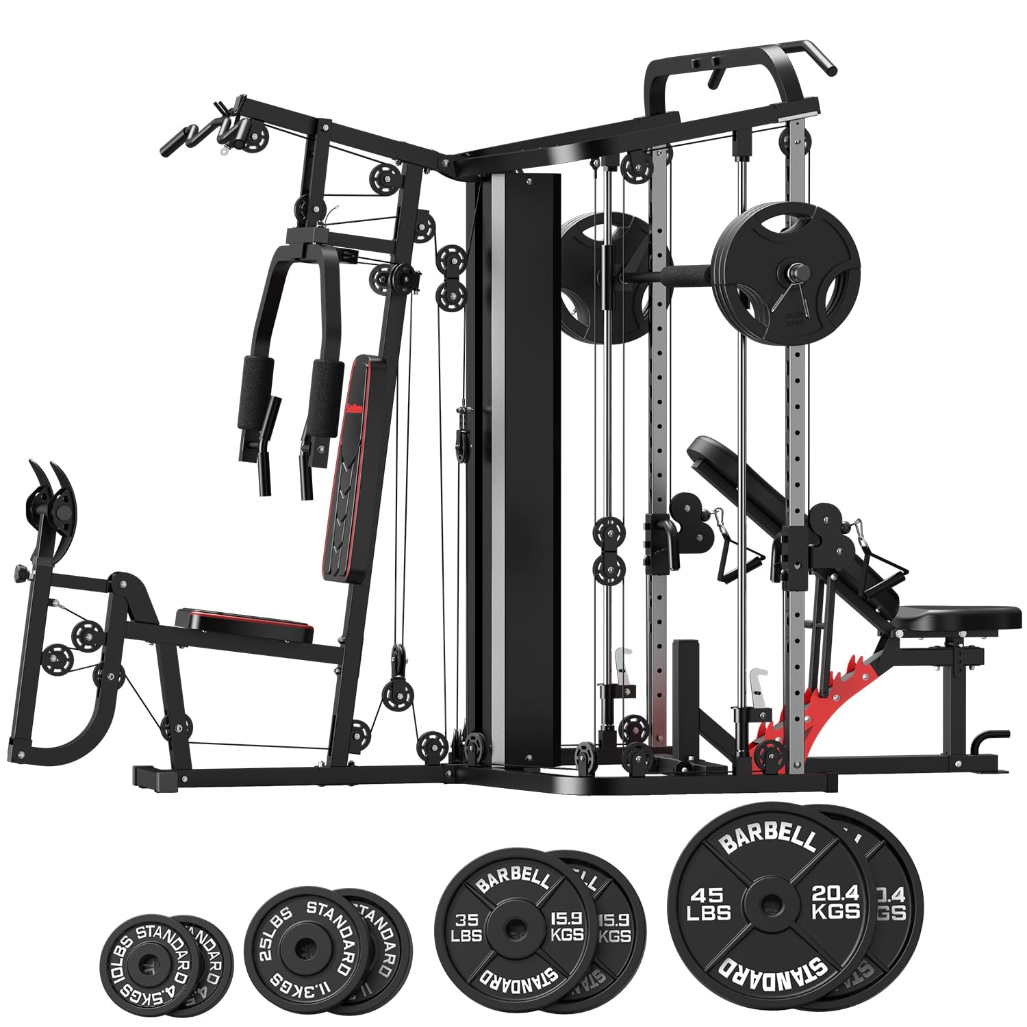 SunHome Multifunction Home Gym Equipment Workout Station, Smith Machine with 138LB Weight Stack, Leg Press, LAT Station for Full Body Training