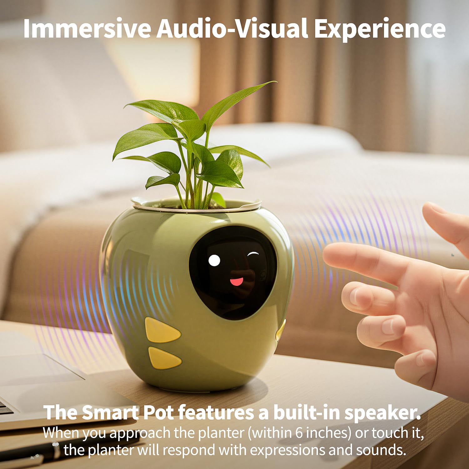 Plantbot Upgraded Large Smart Flower Pot Pet Planter Robot with Artificial Intelligence, Time Temperature Display, and Numerous Expressive Animations Based, for Indoor Decoration, Gifts (Yellow)