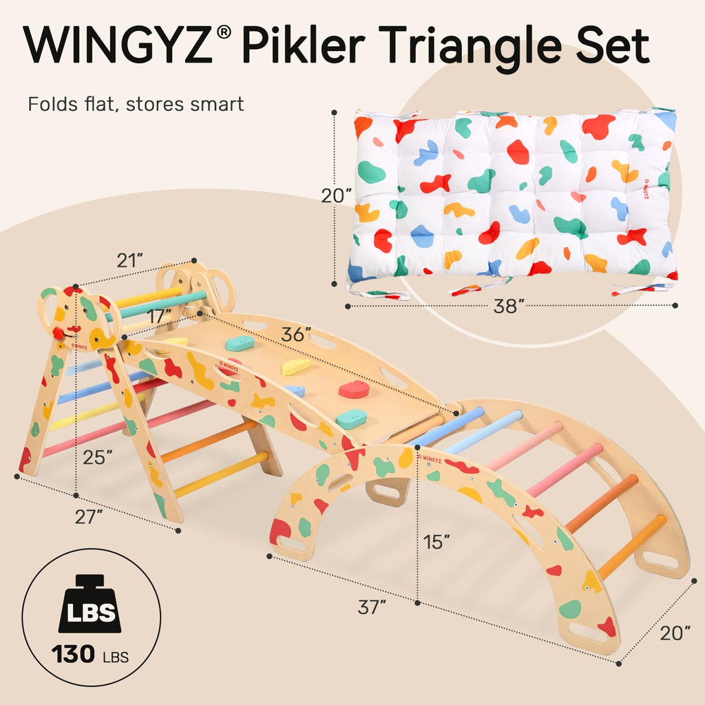 WINGYZ Pikler Triangle Set, Montessori Foldable 8-in-1 Jungle Gym & Reversible Animal Slide, Patent-Protected Climbing Set, Safe 2.35" Gap ASTM F963 Standards for Toddlers 18 Months-5 Years (Rainbow)