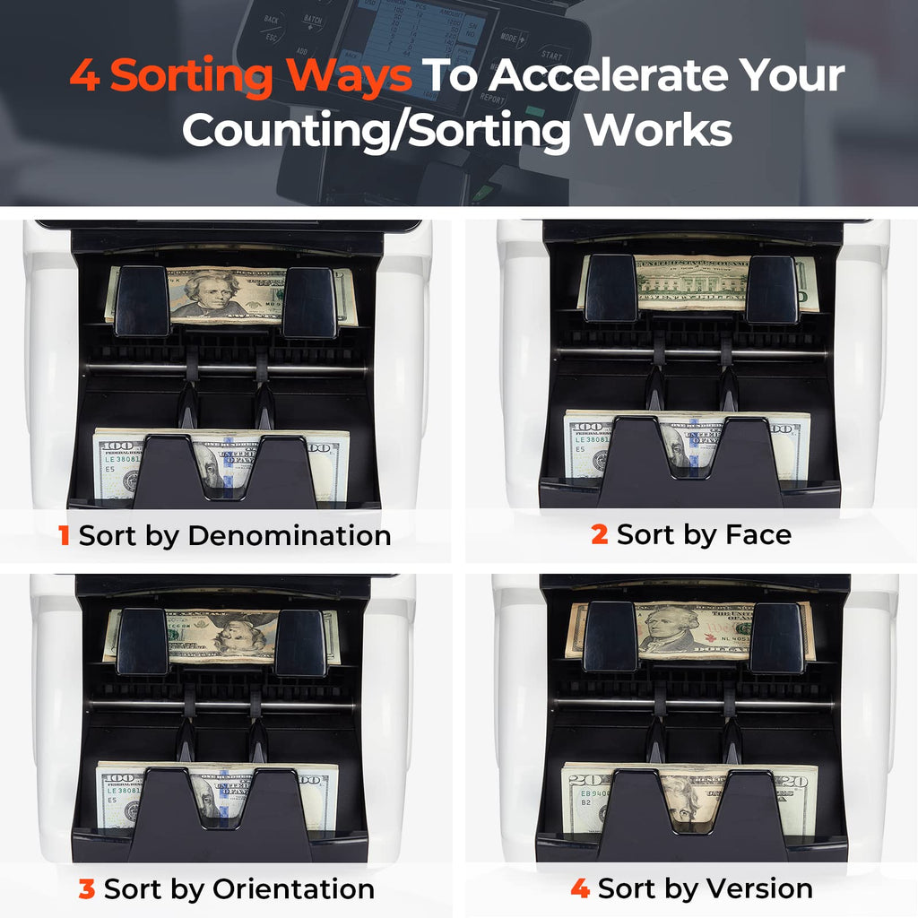 MUNBYN 2-Pocket Money Counter Machine Mixed Denomination, Money Sorter, Built-in Printer, Sort on DENOM/FACE/ORI, Value Counting, 2 CIS/UV/MG/IR Counterfeit Detection, Touch Screen, 2Y Protection