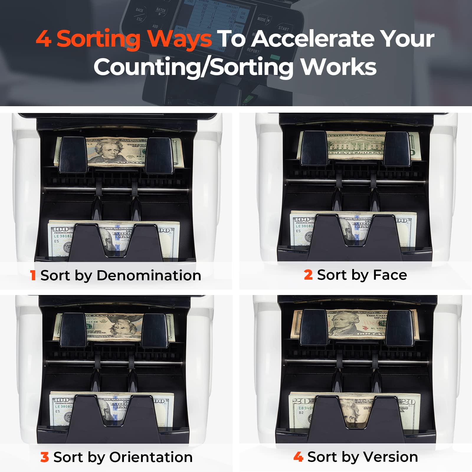 MUNBYN 2-Pocket Money Counter Machine Mixed Denomination, Money Sorter, Built-in Printer, Sort on DENOM/FACE/ORI, Value Counting, 2 CIS/UV/MG/IR Counterfeit Detection, Touch Screen, 2Y Protection
