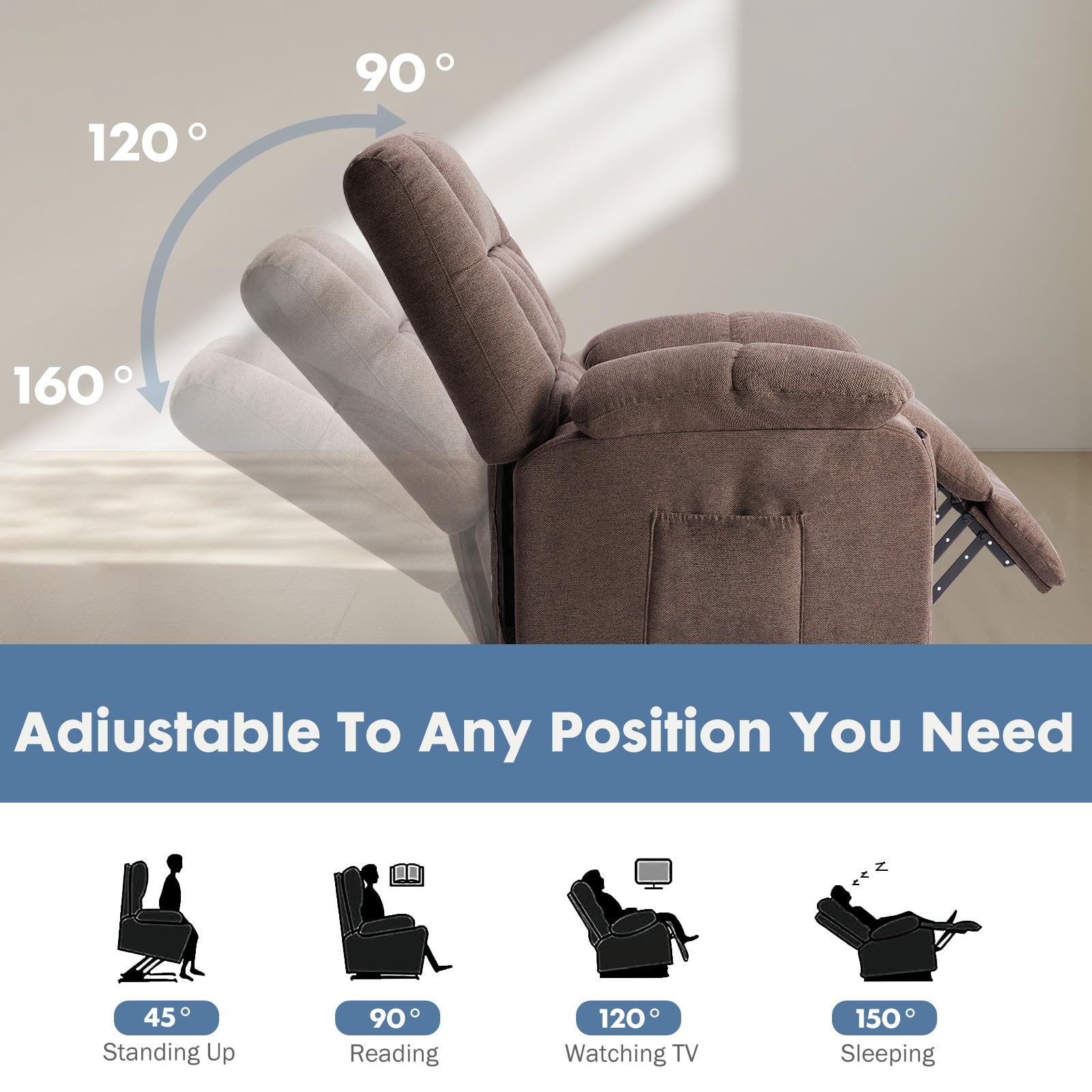 DUMOS Rocker Recliner Chair, Swivel Recliner with Vibration Massage & Lumbar Heating, 270° Rotating Chenille Fabric Recliner with footrest for Living Room & Bedroom, Grey