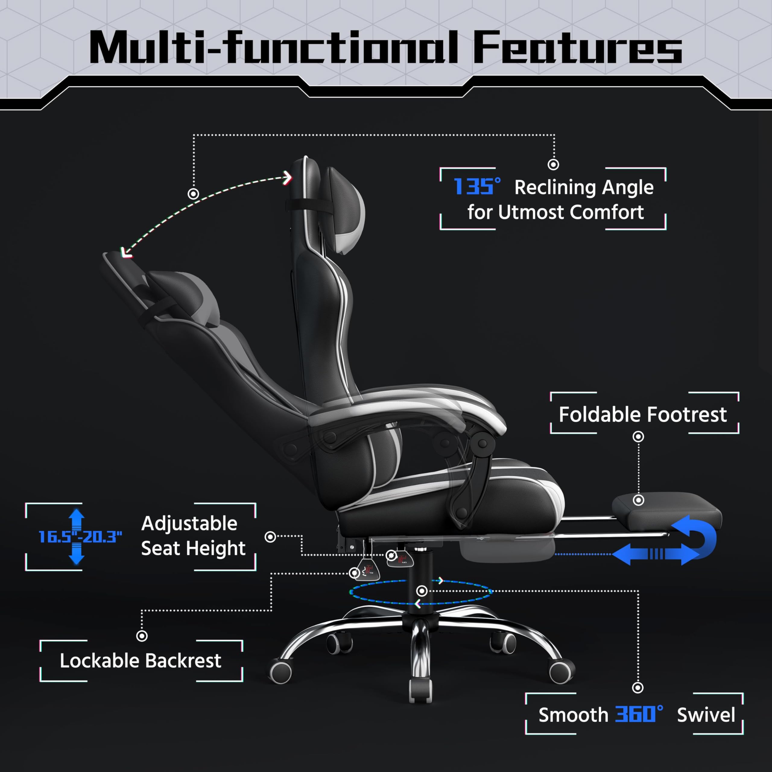 Yaheetech Gaming Chair with Electric Massage Lumbar Support, Footrest & Headrest — Ergonomic High Back Recliner for Home Office, Computer Desk Chair, Height Adjustable, 300 lbs, Black/White