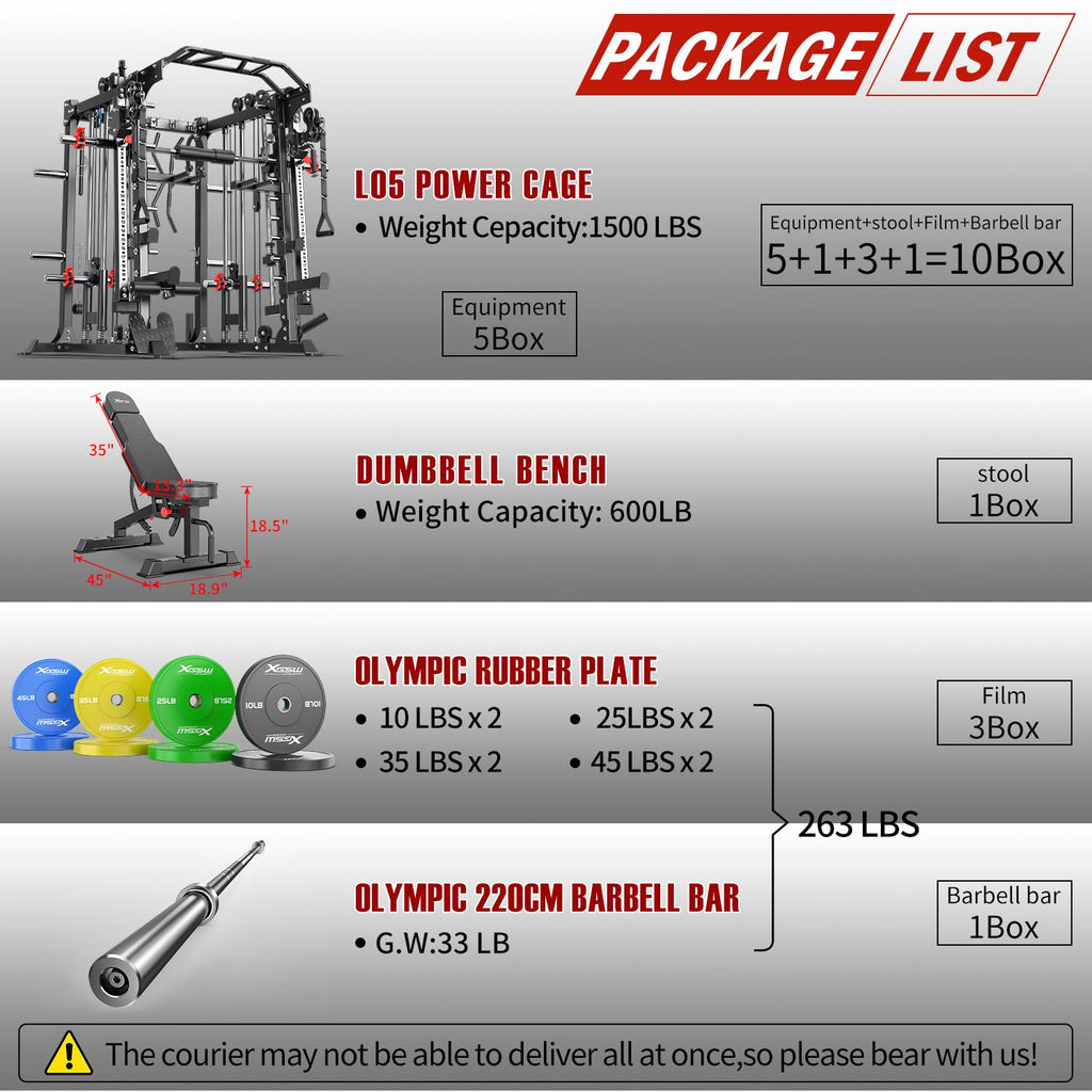 Smith Machine with Cable Crossover System, Multi-Function Squat Rack Power Cage for Home Gym, Power Rack and Packages Weight Sets