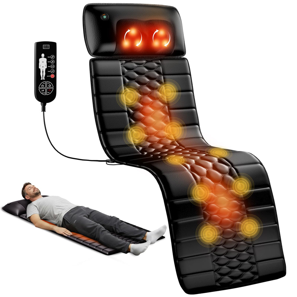 Shiatsu Full Body Massage Mat with Heat, Detachable Massager Pad, 10 Vibrating Motors, Deep Tissue Pain Relief for Back, Neck & Legs - Relaxation at Home or Office, Fathers Day Dad Gifts