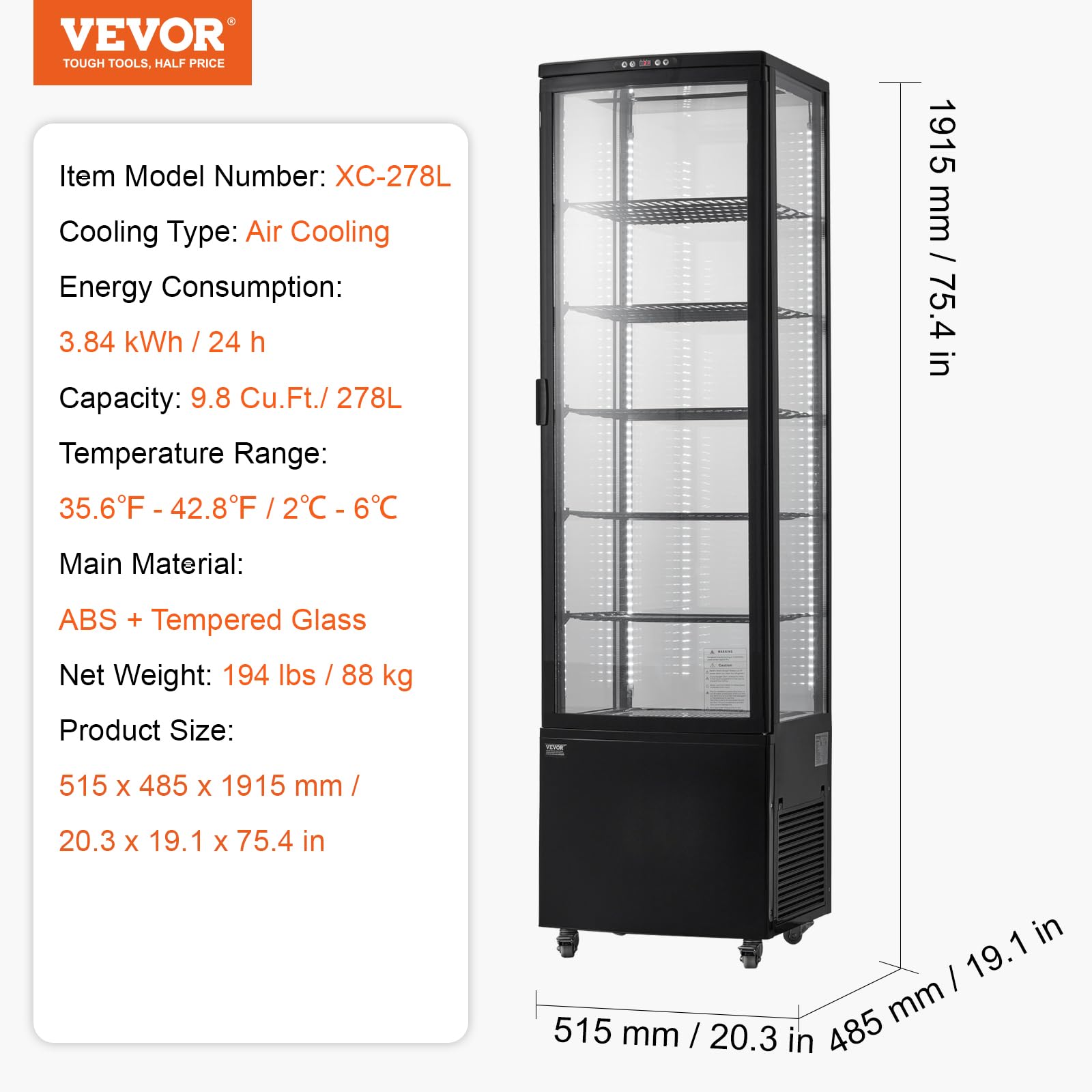VEVOR Refrigerated Display Case, 3.5 Cu.Ft./100L, 2-Tier, Countertop Pastry Display Case Commercial Display Refrigerator with LED Lighting, TURBO Cooling, Frost-Free Air-Cooling, Rear Sliding Door