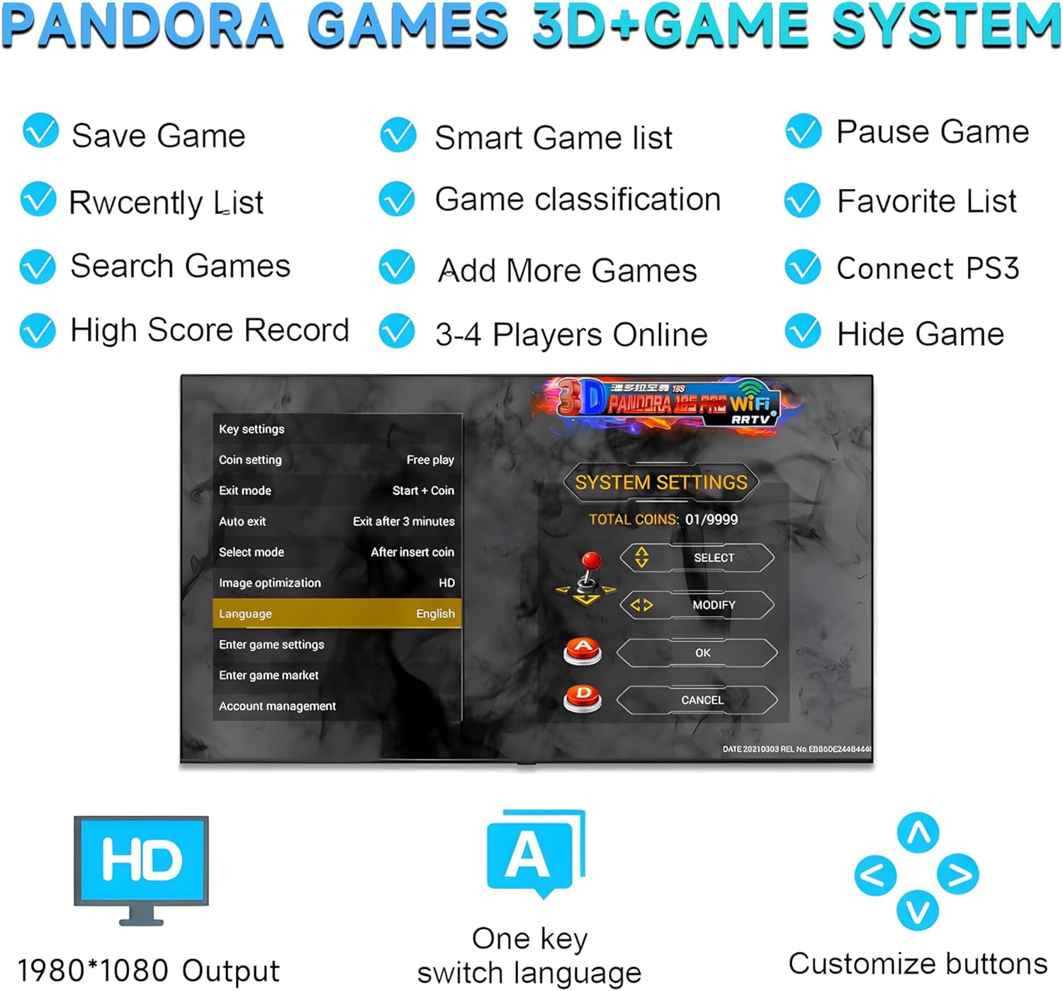 Pandora Box Arcade, 29800 Games in 1 Arcade Game Console, 1280x720 Full HD Retro Gaming Machine for PC & Projector & TV 2-4 Players 3D Games Favorite List Save/Search/Hide/Pause/Delete Game