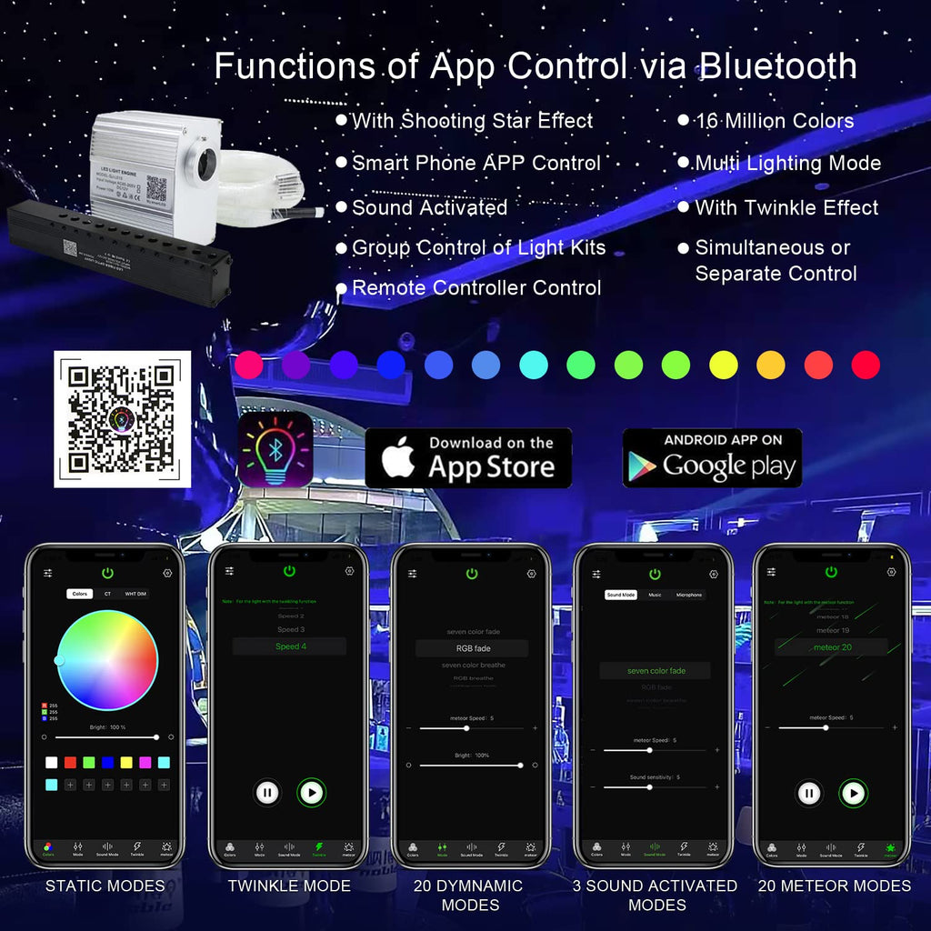 AKEPO Shooting Star+Twinkle Fiber Optic Lights Kit, Car Home Use Meteor APP Control Music Activated Star Ceiling Sky Light, RGBW Light Engine+Mixed Diameter Fibers 460pcs of 9.8ft/3m+Remote