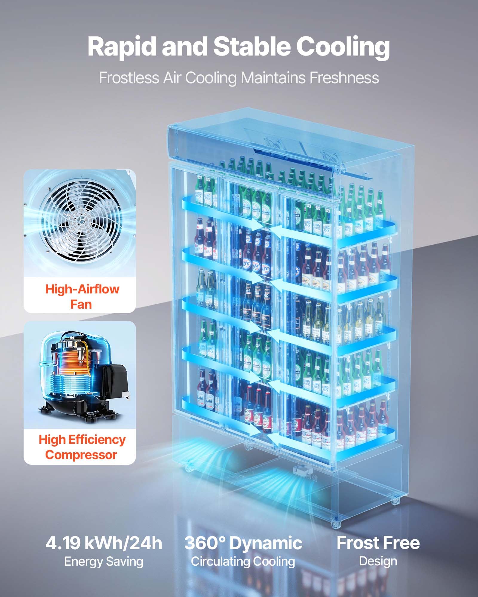 VEVOR Commercial Merchandiser Refrigerator, 6.9 Cu.Ft / 195L Glass Door Display Refrigerator, Upright Beverage Cooler Fridge with 4 Adjustable Shelves, Soft LED Light & Casters for Homes Shops Bars