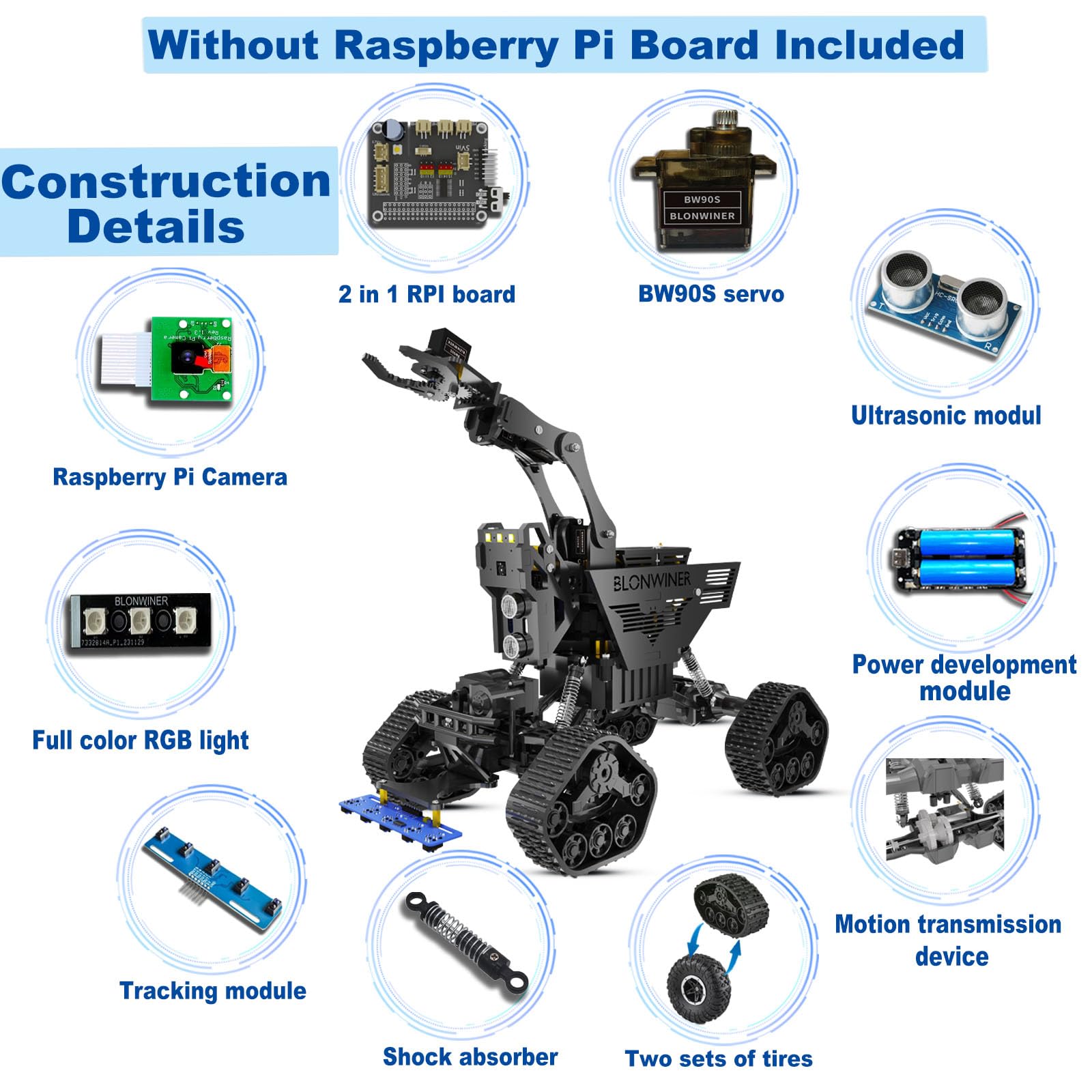 Robot Car Kit, 2 in 1 Smart Robotics Arm Building Toy for Raspberry Pi Python Coding, STEM Programming Tank Kits with Camera (Without RPi Board)