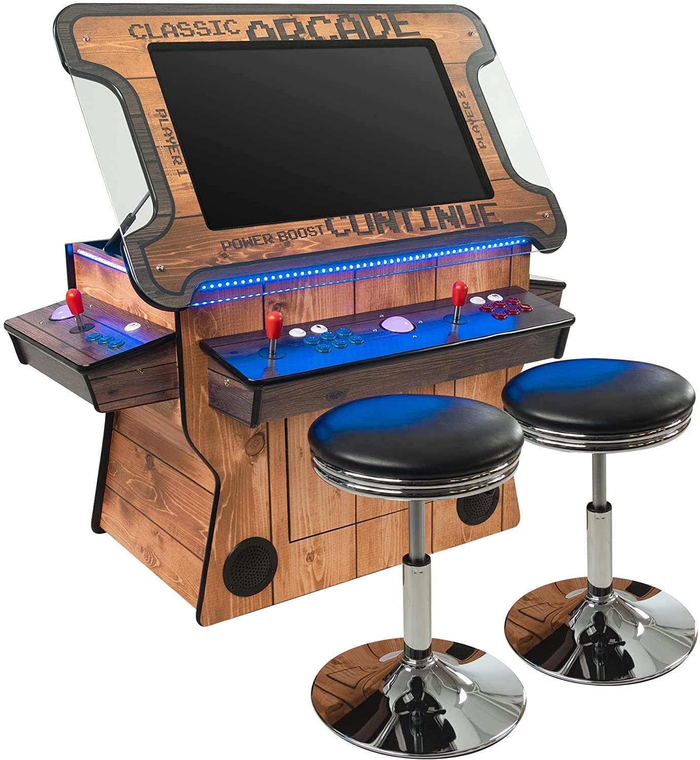 Creative Arcades Full Size Commercial Grade Cocktail Arcade Machine w/Lifting Screen | Trackball | Three-Sided | 4 Sanwa Joysticks | 2 Stools (4500 Games & 32" Screen & Woodgrain Edition)