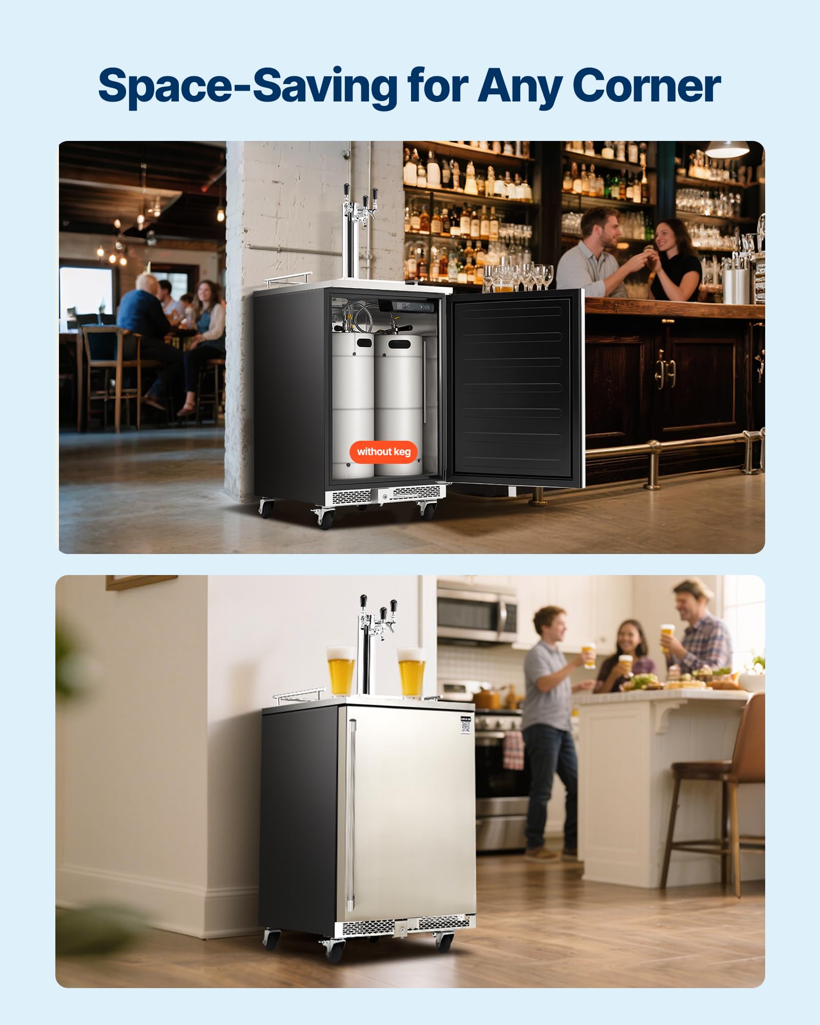 VEVOR Beer Kegerator, Dual Tap Commercial Draft Beer Dispenser for D system, Full Size Keg Refrigerator with 5lbs CO2 Tank, Hold 2 Sixth / 2 Ball lock keg, Black