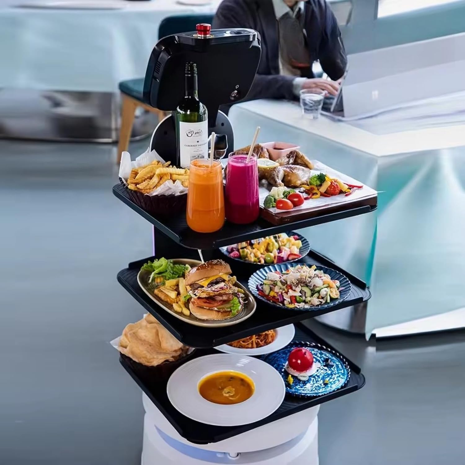 Autonomous Food Delivery Robot – Smart Restaurant Waiter, Large Capacity Tray, Indoor Navigation with Elevator Control, Automatic Obstacle Avoidance, Self-Charging, Contactless Commercial Meal Server