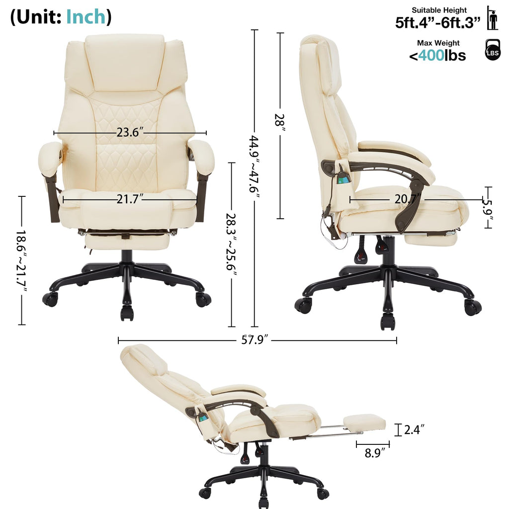 Massage Office Chair with Foot Rest 6 Points Vibration and Heat Home Office Desk Chairs for Heavy People 400lbs Reclining Managerial Chairs Ergonomic Executive Chair (Black)