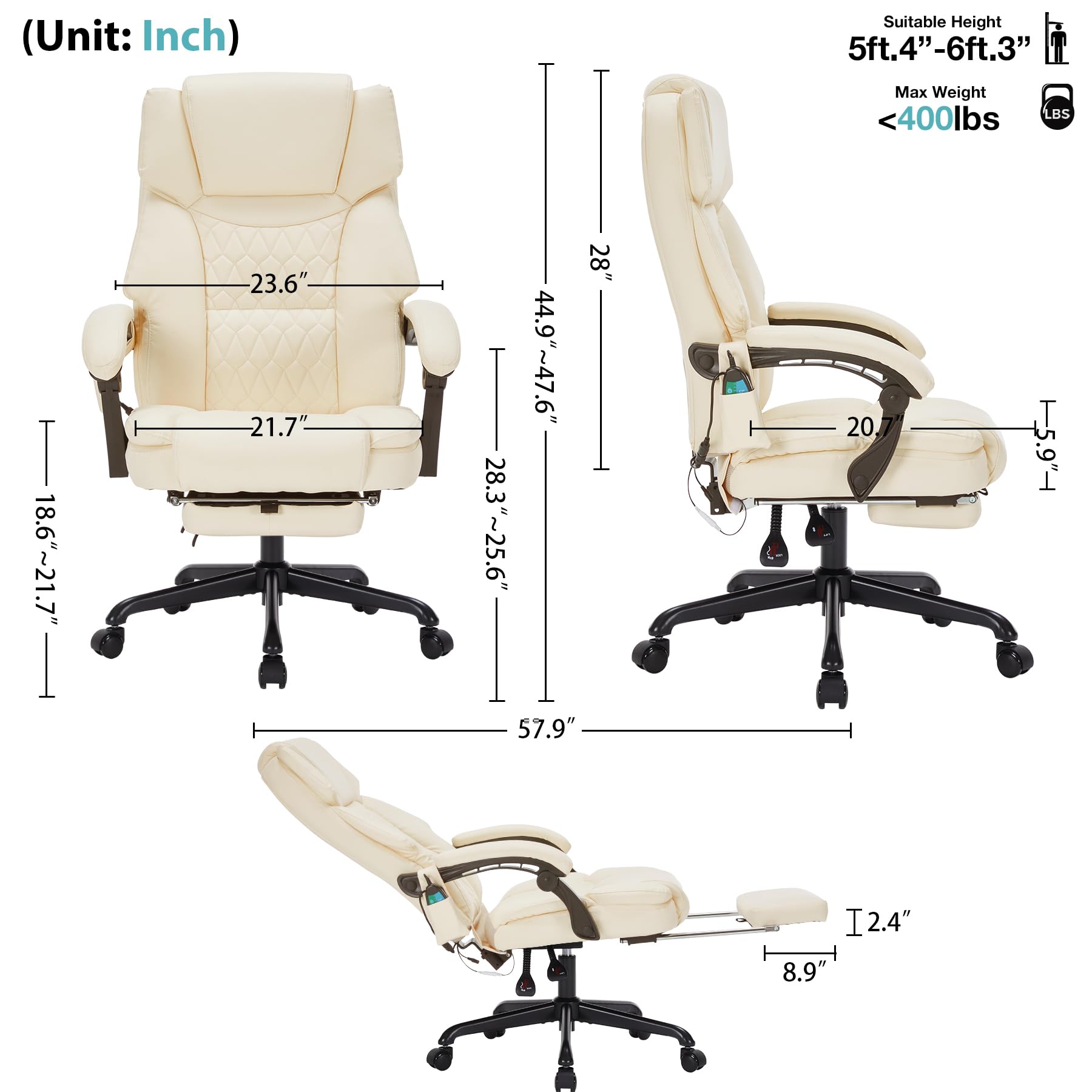 Massage Office Chair with Foot Rest 6 Points Vibration and Heat Home Office Desk Chairs for Heavy People 400lbs Reclining Managerial Chairs Ergonomic Executive Chair (Black)