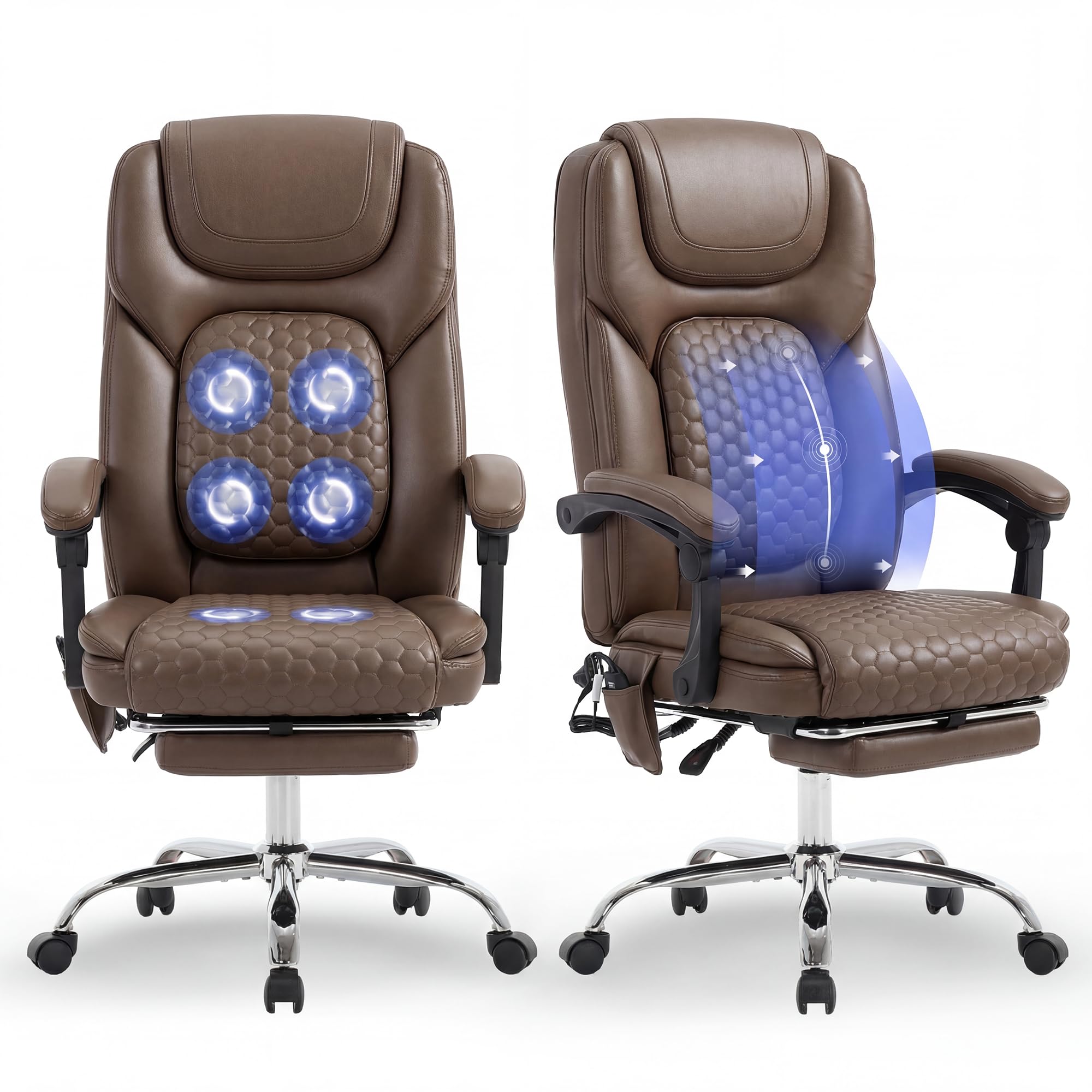 MALOL Massage Office Chair with Heat and Footrest - 3-Level 65°C Targeted Heating, 20-Min Easy Assembly Leather Desk Chair, Big and Tall Executive Computer Chair with Side Pocket, 300 lbs, Beige