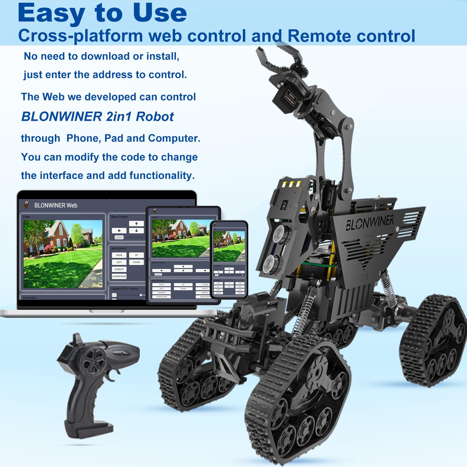 Robot Car Kit, 2 in 1 Smart Robotics Arm Building Toy for Raspberry Pi Python Coding, STEM Programming Tank Kits with Camera (Without RPi Board)