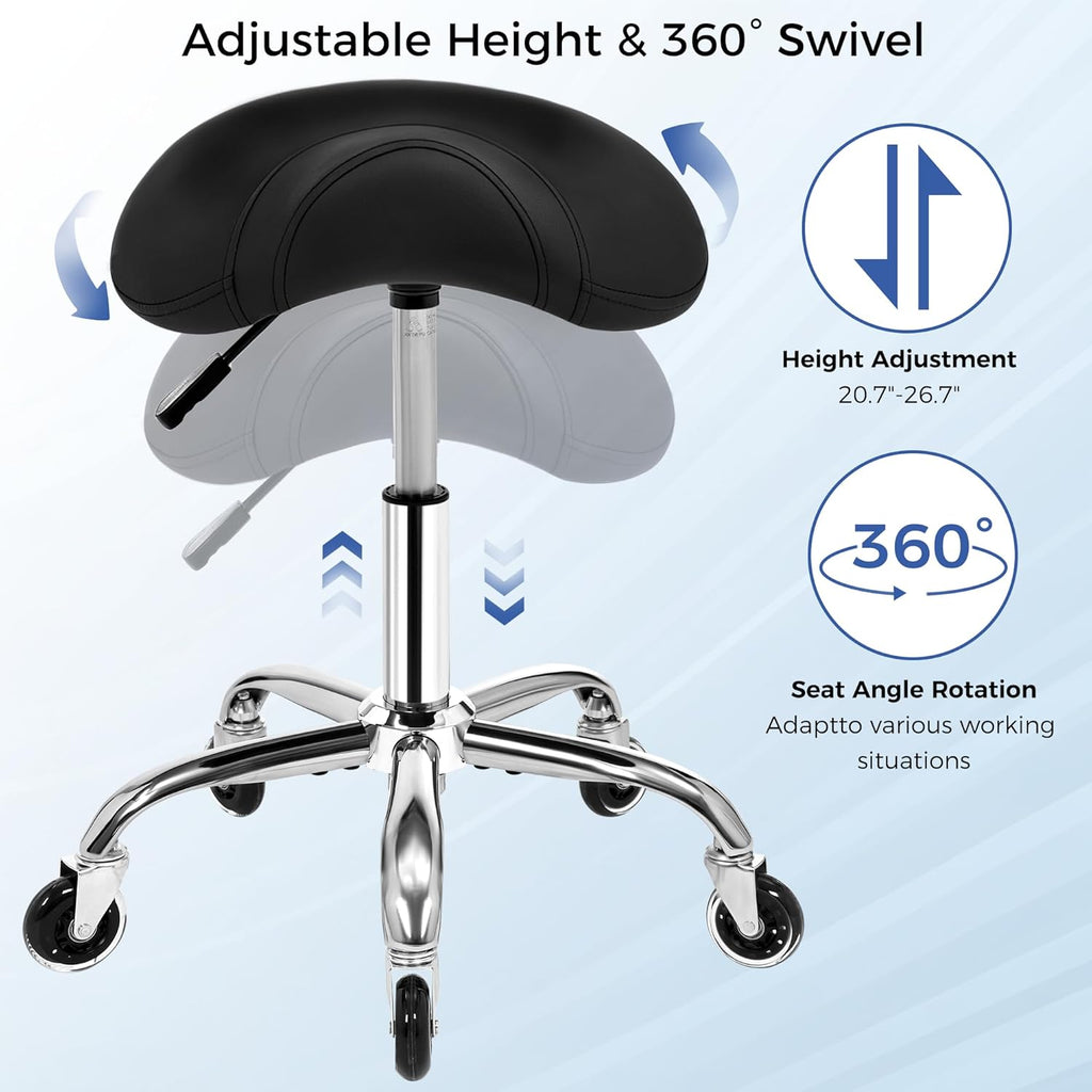 ANWBROAD Saddle Stool with Wheels Ergonomic Swivel Adjustable Rolling Stool with PU Leather Thick Wide Saddle Seat Padding Comfortable Rolling Saddle Chair for Salon Massage Clinic Black UWSS001B