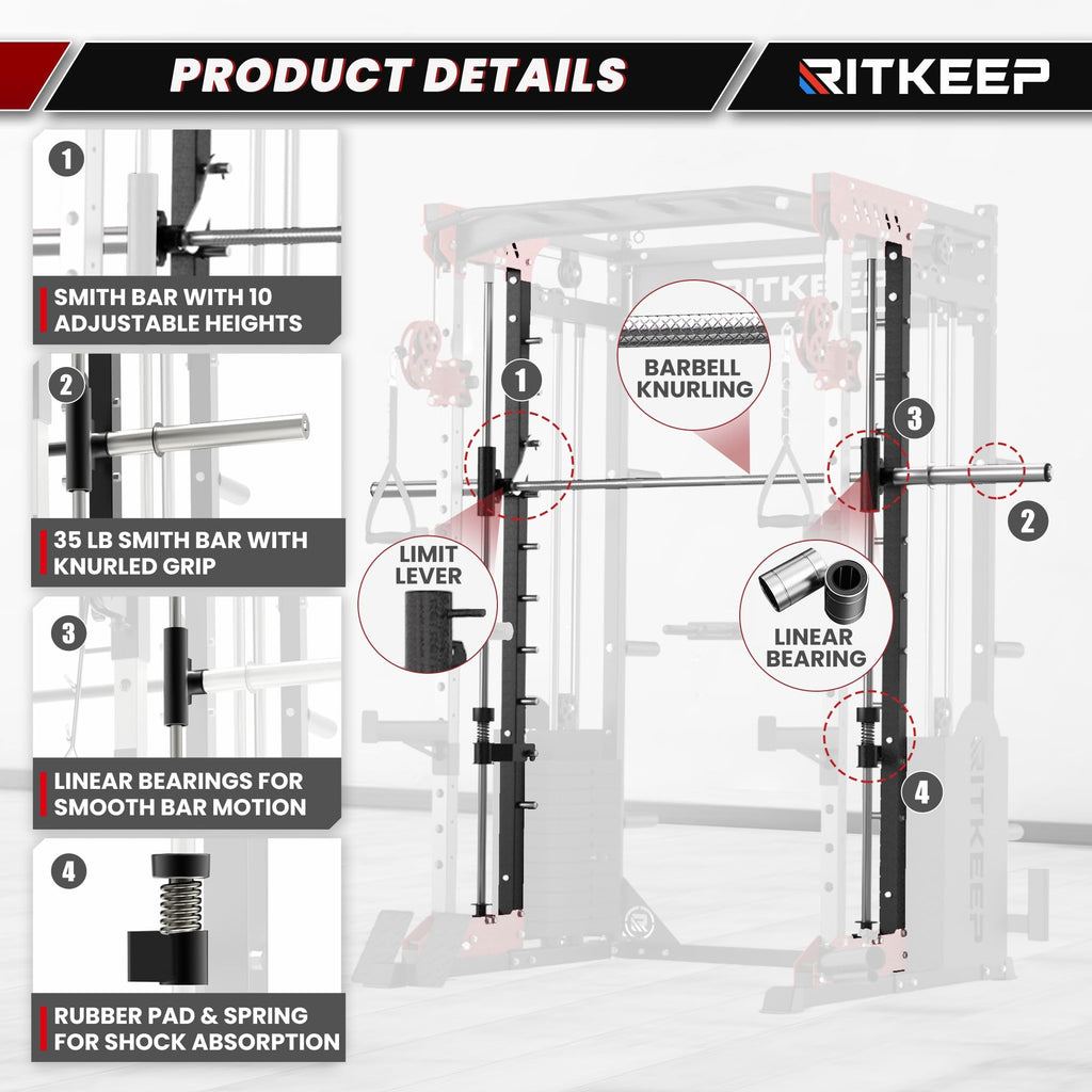 RitKeep PMAX-5600 Pro Heavy-Duty Smith Machine Squat Rack with 320 LB Weight Stacks, 6-in-1 Multi-Function Home Gym System, Dual Cable Crossover and 2000 LB Capacity for Full-Body Strength Training