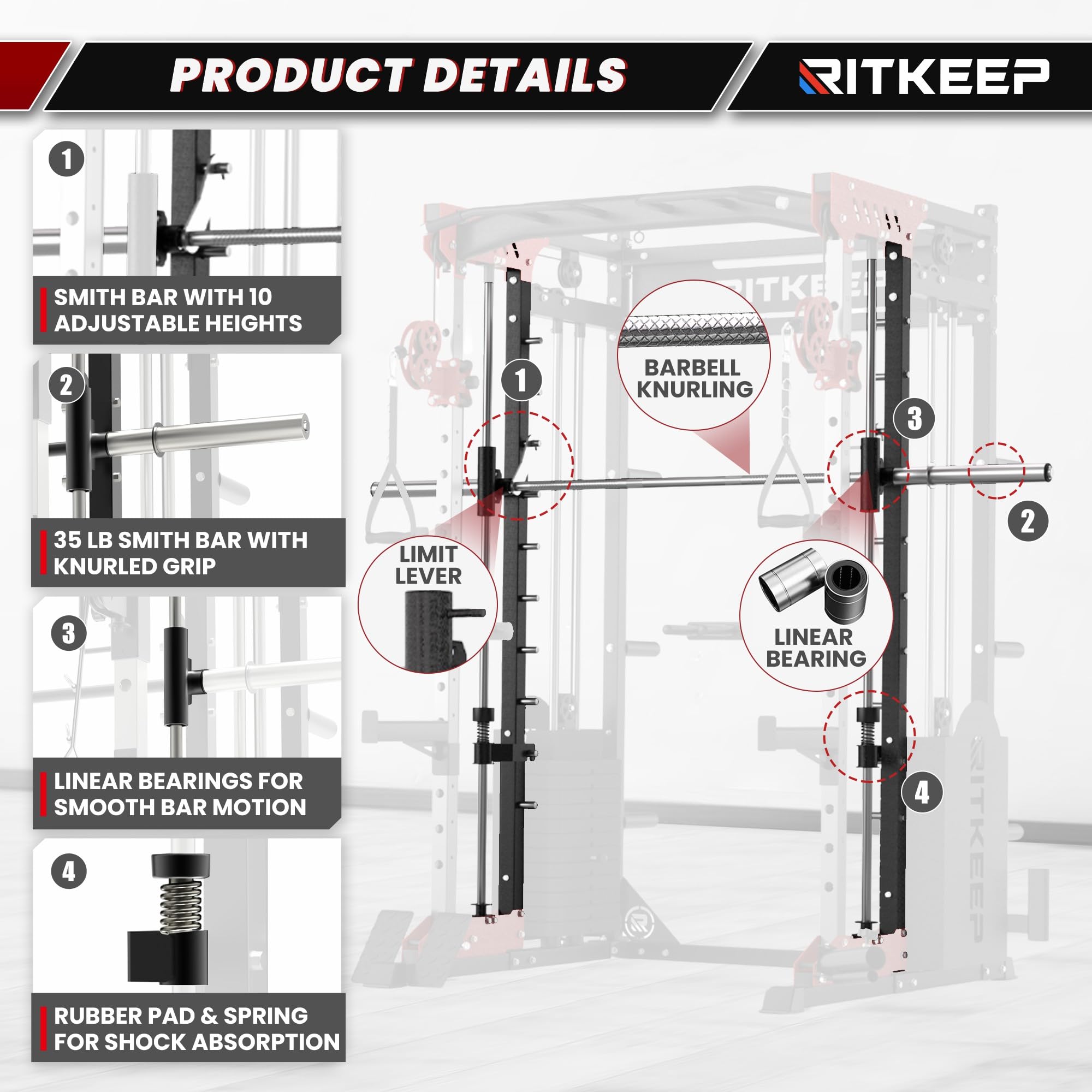 RitKeep PMAX-5600 Pro Heavy-Duty Smith Machine Squat Rack with 320 LB Weight Stacks, 6-in-1 Multi-Function Home Gym System, Dual Cable Crossover and 2000 LB Capacity for Full-Body Strength Training