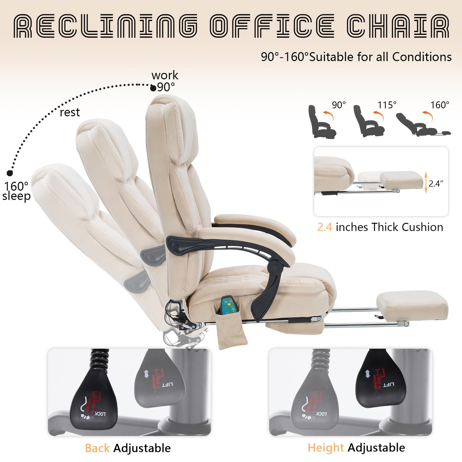 Massage Office Chair with Foot Rest 6 Points Vibration and Heat Home Office Desk Chairs for Heavy People 400lbs Reclining Managerial Chairs Ergonomic Executive Chair (Black)