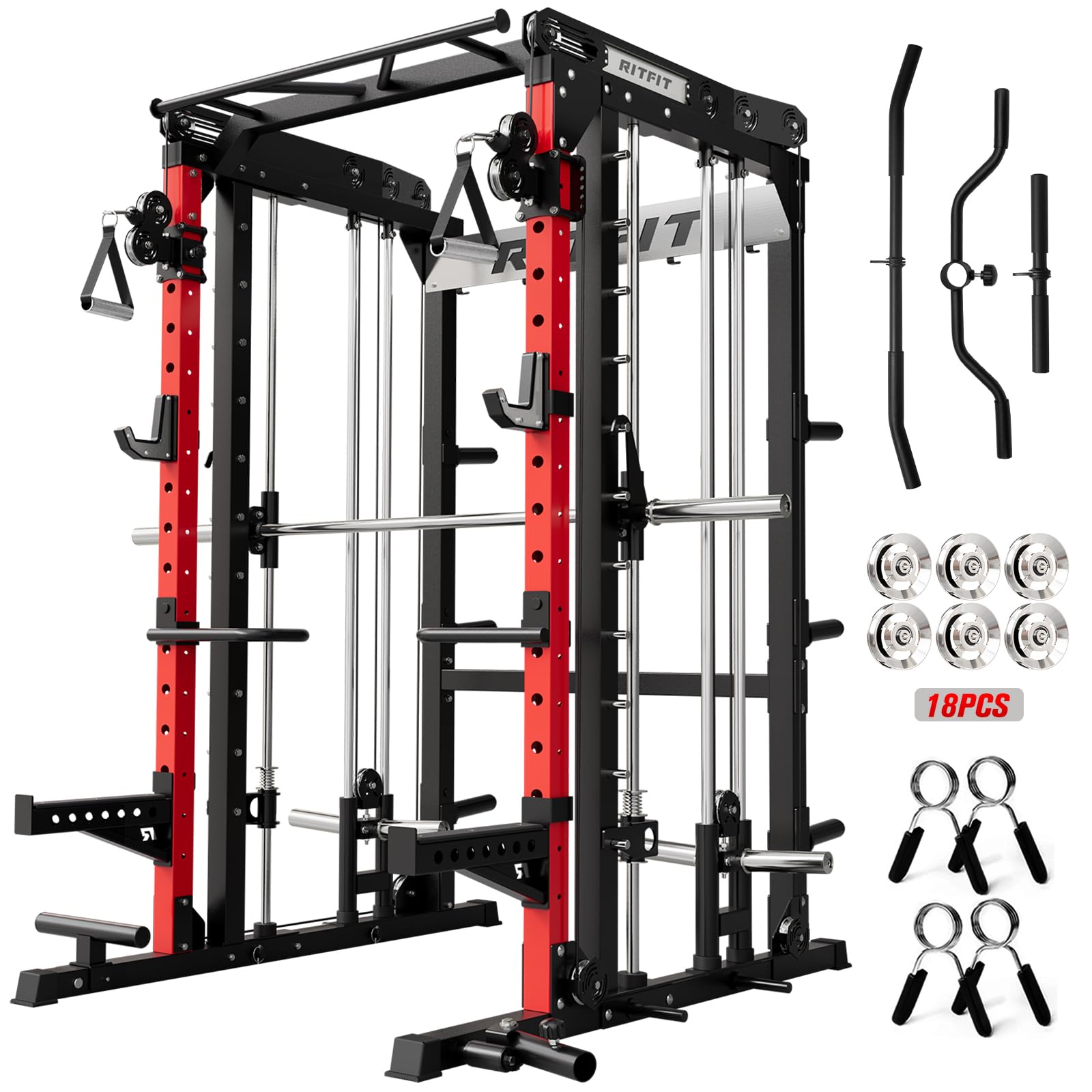 RitFit M2 3D Smith Machine & 286.6LB Built-in Weight Stack with Cable Crossover System, All in One Functional Trainer & Power Cage, 16 Adjustment Holes, 6 Storage Pegs for Full-Body Home Gym