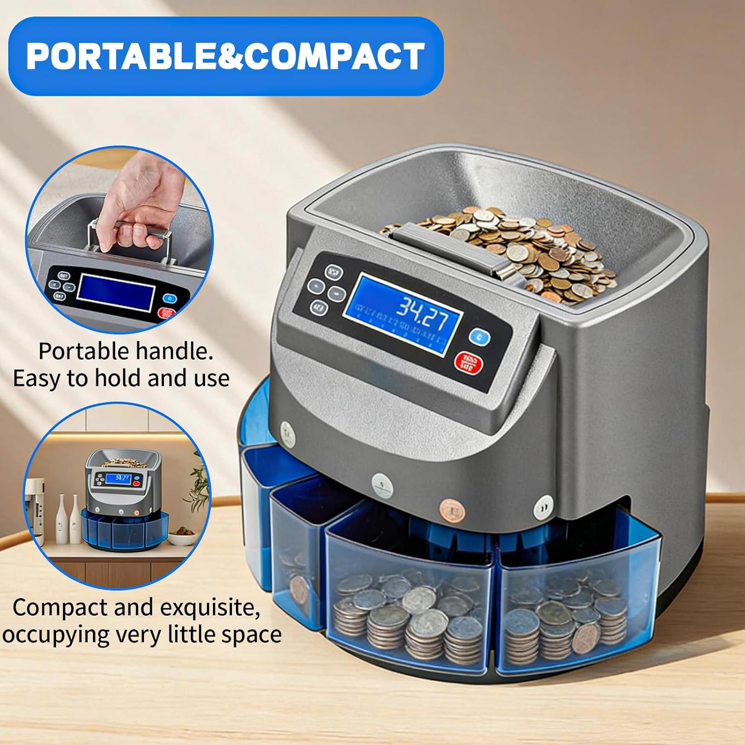 Coin Counter Machine, Coin Sorter Machine with LCD Display, 500 Coins Capacity Automatic Coin Sorter and Wrapper Machine, Change Counter for USD Coin 1￠ 5￠ 10￠ 25￠ $1, Sorts up to 270 Coins/min