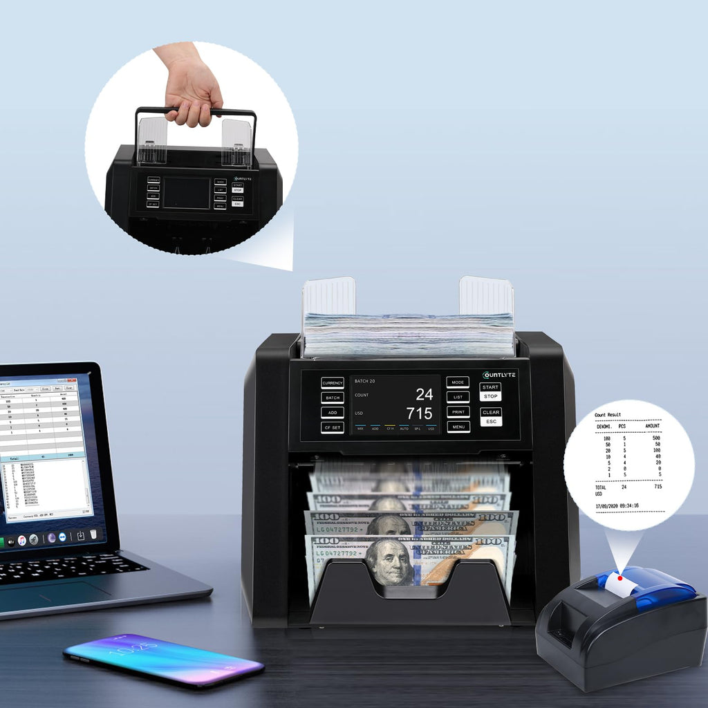C-N30A Mixed Denomination Money Counter Machine,Value Counting,Multi Currency,CIS/UV/MG/IR Counterfeit Detection Bill Counter,Printer Enabled,Touch Screen,Cash Counter