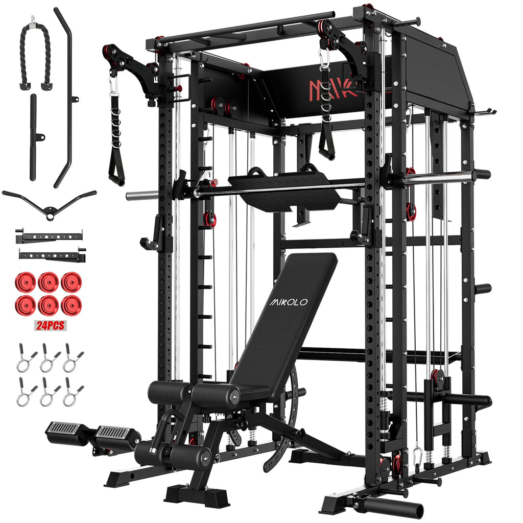 Mikolo Smith Machine, Multi-Function Power Cage with Dual Pulley System, Vertical Leg Press Attachment, Squat Rack Power Rack with More Training Attachment for Home Gym