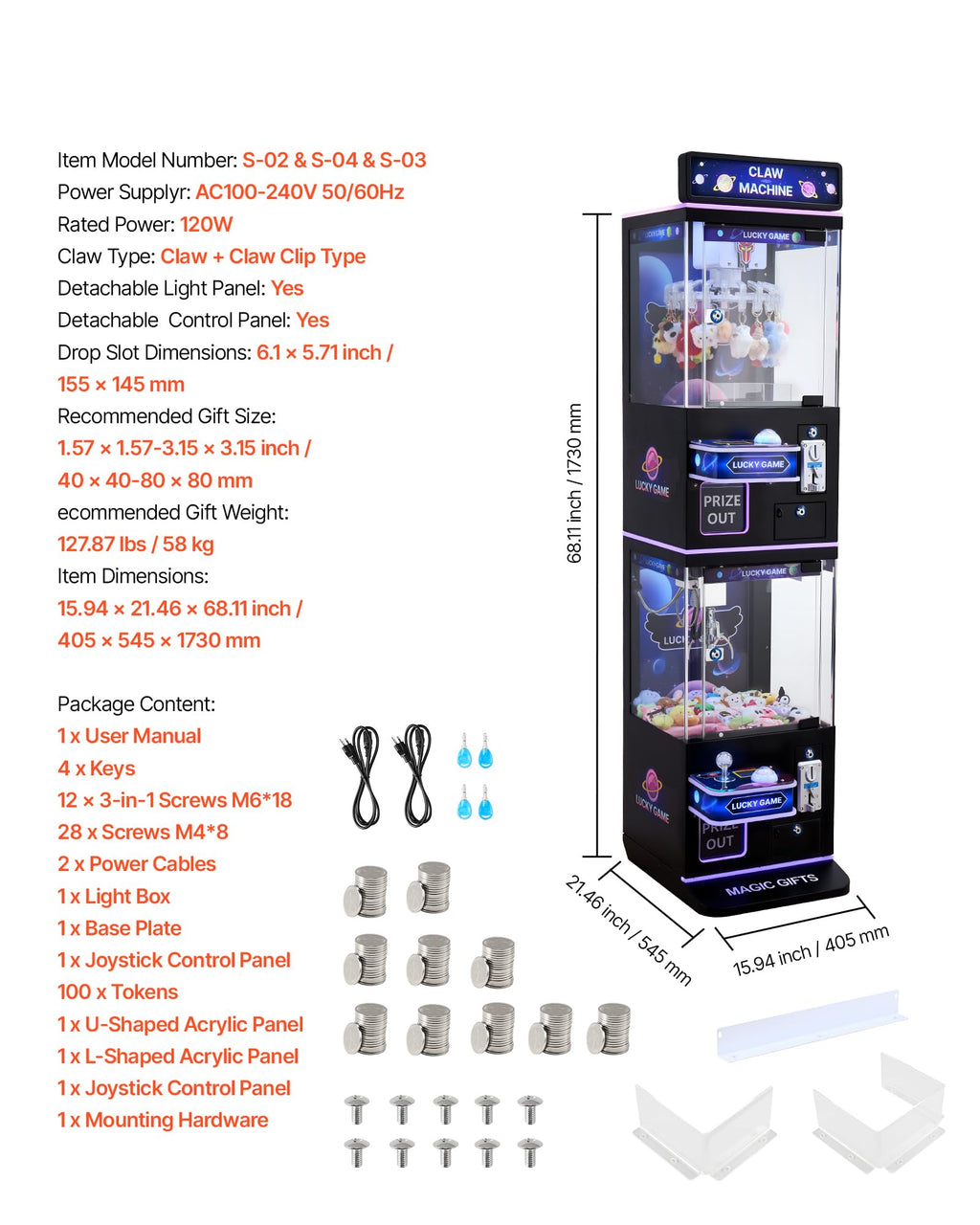 VEVOR Claw Crane Machine, Medium-Sized Arcade Game Machine with Claw + Grabber Double-Layer, Light & Sound, Toy Candy Grabber Prize Dispenser Vending Toy, for Commercial Home Cinema, Black Purple