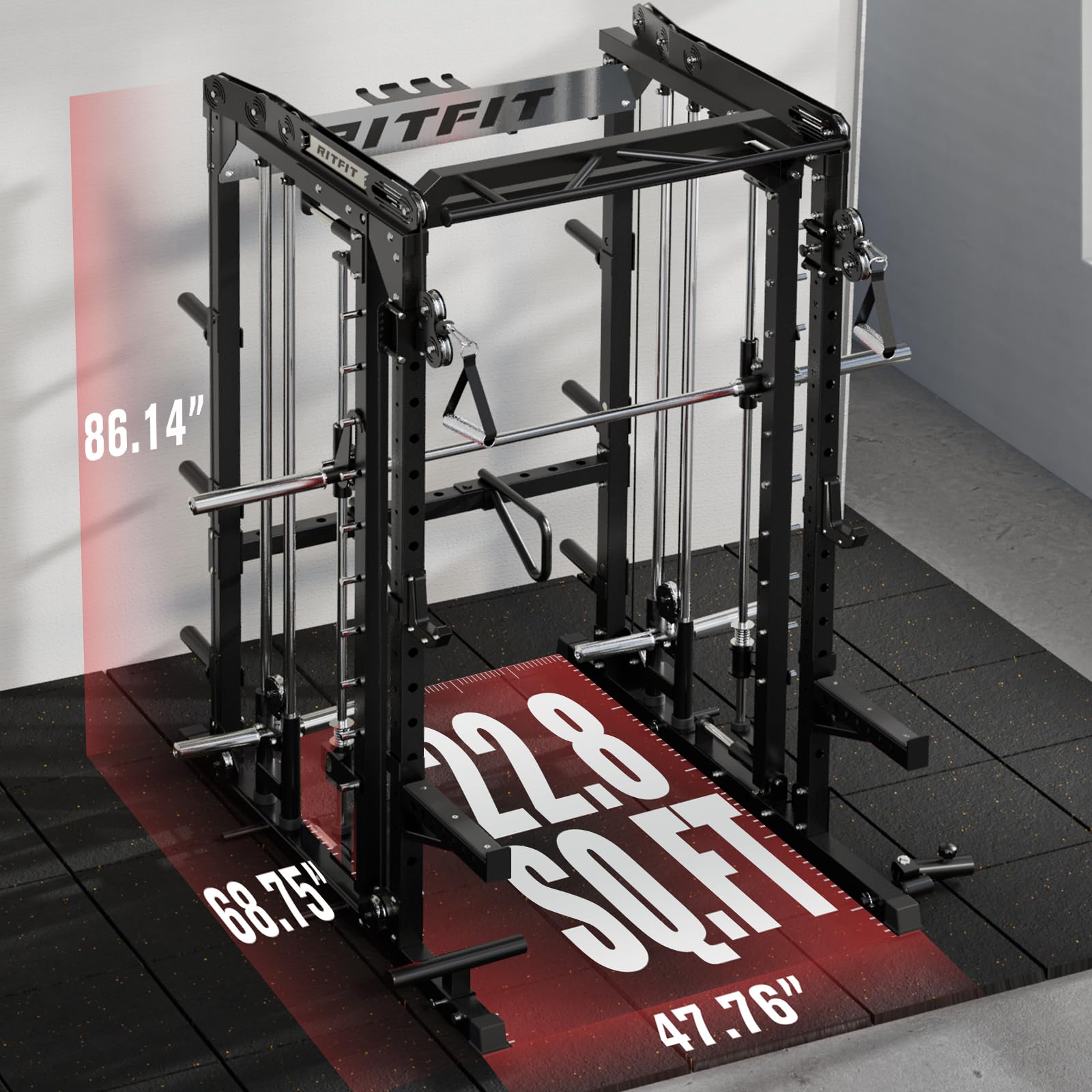 RitFit M2 3D Smith Machine & 286.6LB Built-in Weight Stack with Cable Crossover System, All in One Functional Trainer & Power Cage, 16 Adjustment Holes, 6 Storage Pegs for Full-Body Home Gym