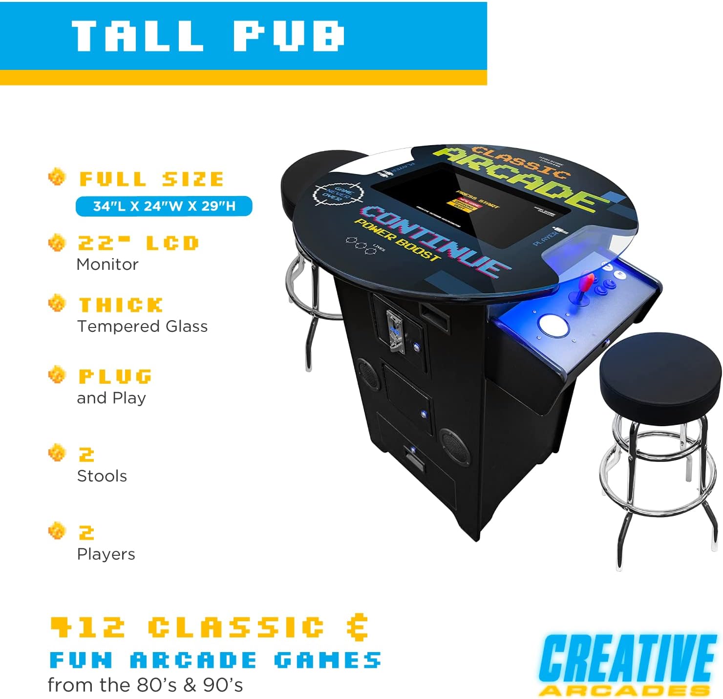 Creative Outdoor Distributor Full Size Commercial Grade Pub Arcade Machine, 2 Player, 412 Games, 22 LCD Screen, Round Glass Top, 2 Sanwa Joysticks, 2 Stools Included